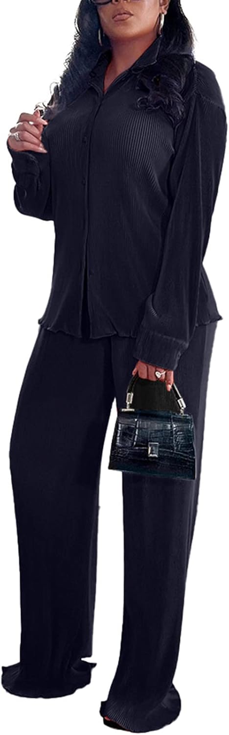 Thumbnail 2 de Kaimimei Casual 2-Piece Outfit for Women: Linen Long Sleeve Button-Down Shirt + Flare Pleated Wide-Leg Pants