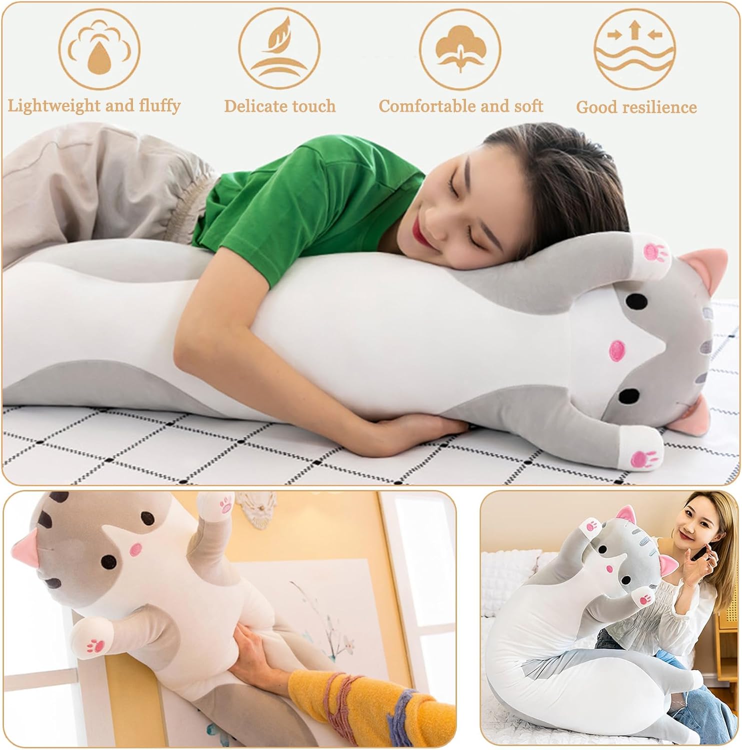Thumbnail 1 de Aiuidun Lange Katze Kuscheltier 90 cm – weiches Plüsch-Kissen als Schlaf- und Umarmungskissen (Grau)