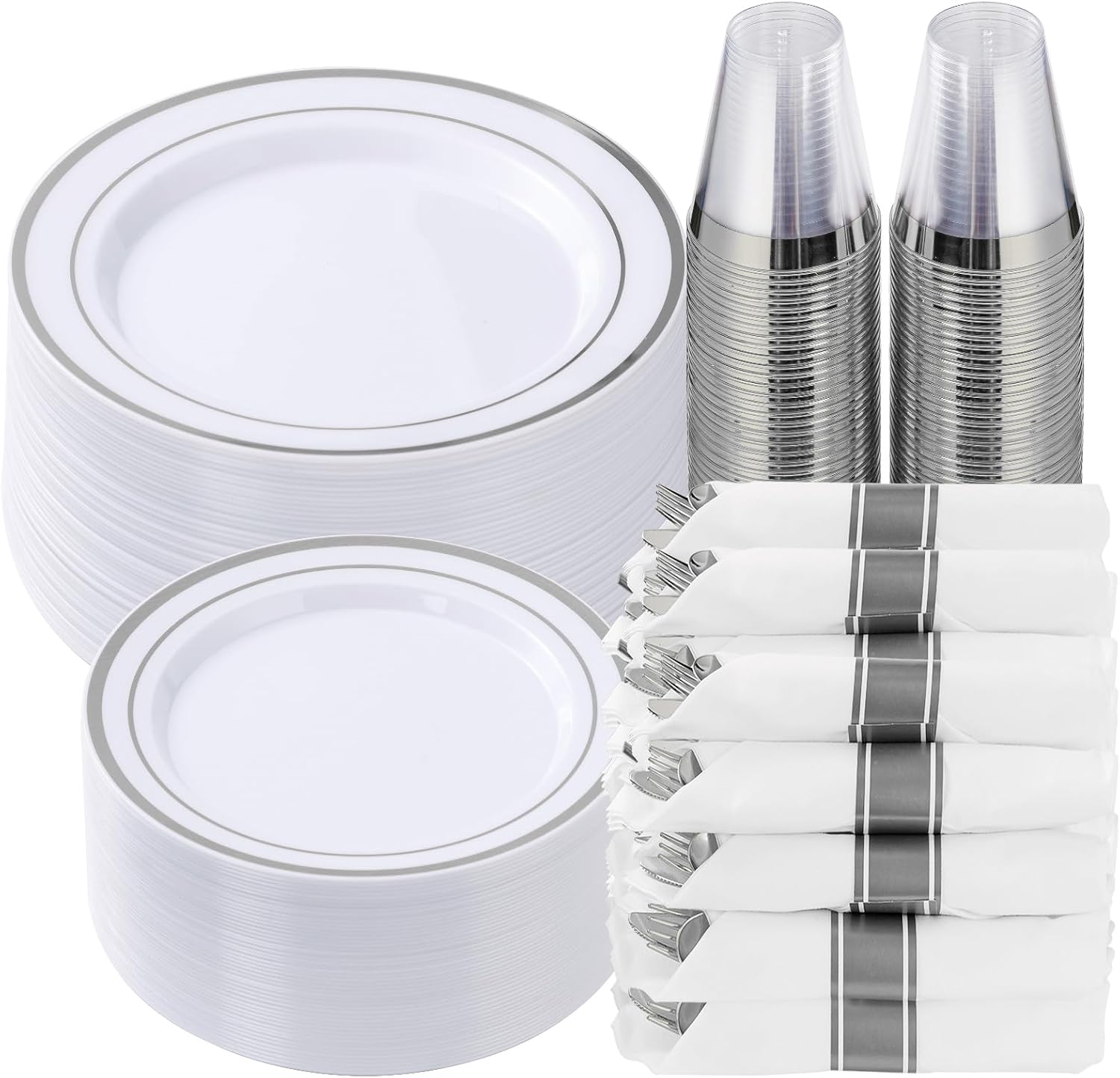 Imagen de Goodluck 350 Piece Silver Plastic Dinnerware Set for 50 Guests en OfertitasTOP