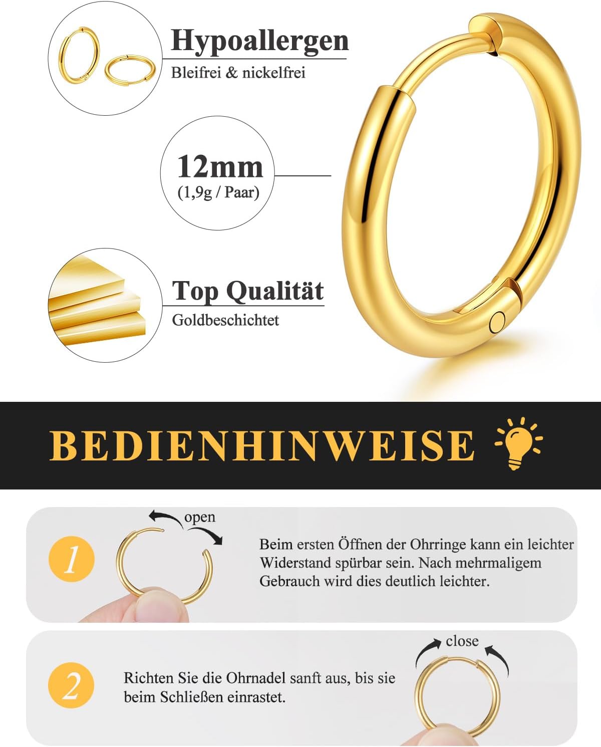 Detalle 2 de U7 Mini-Huggie Creolen aus Edelstahl 14 mm