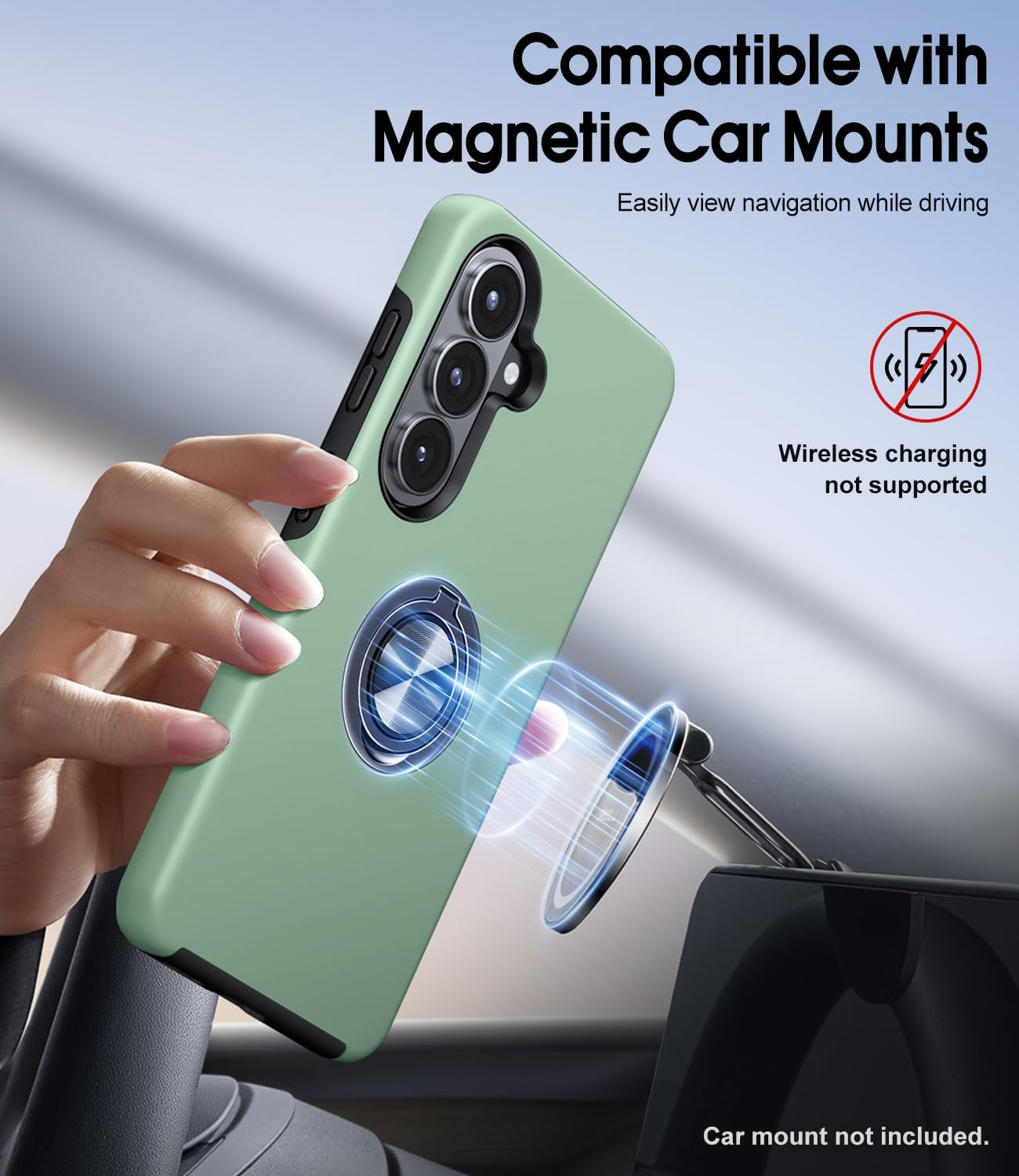 Detalle de AOUIA for Samsung Galaxy S26 Case (Green) with 2-Pack Screen Protectors and 360° Rotating Ring Stand