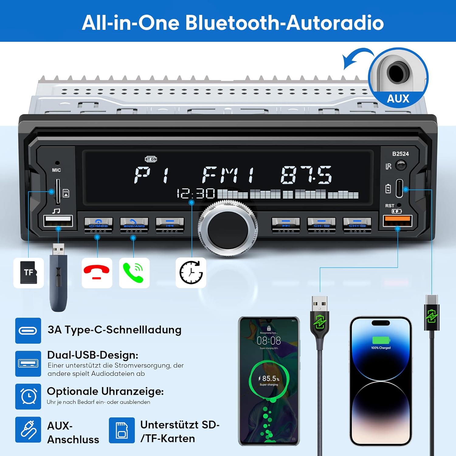 Thumbnail 6 de CENXINY 1-DIN Autoradio DAB/DAB+ mit Bluetooth, FM/AM/RDS, 2x USB und Fernbedienung