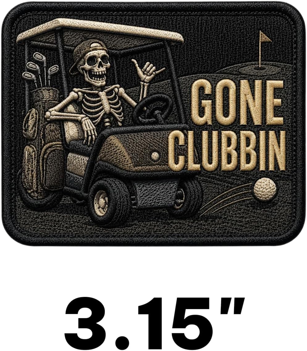 Detalle 2 de Zaroqui Funny Gone Clubbin Golf 刺繍ワッペン|スケルトンのゴルフカート柄、アイロン接着・縫い付け対応