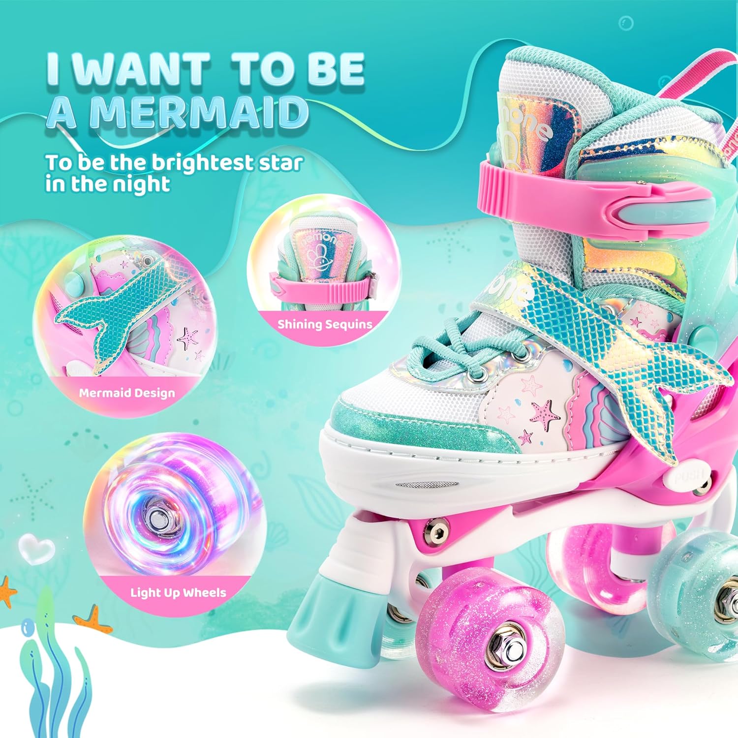 Thumbnail 2 de NEMONE Mermaid Light-Up Adjustable Roller Skates (4-Size) for Girls, Purple-Blue
