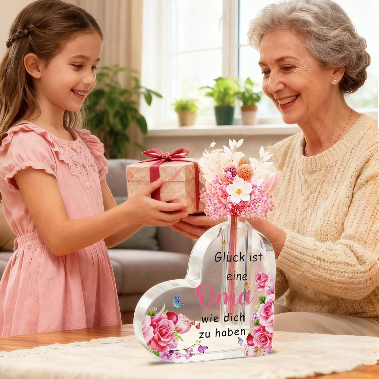 Thumbnail 5 de Wryzorix Acryl-Herzvase „Beste Oma der Welt“ – Muttertags-/Geburtstagsgeschenk (15 x 15 x 2,5 cm)