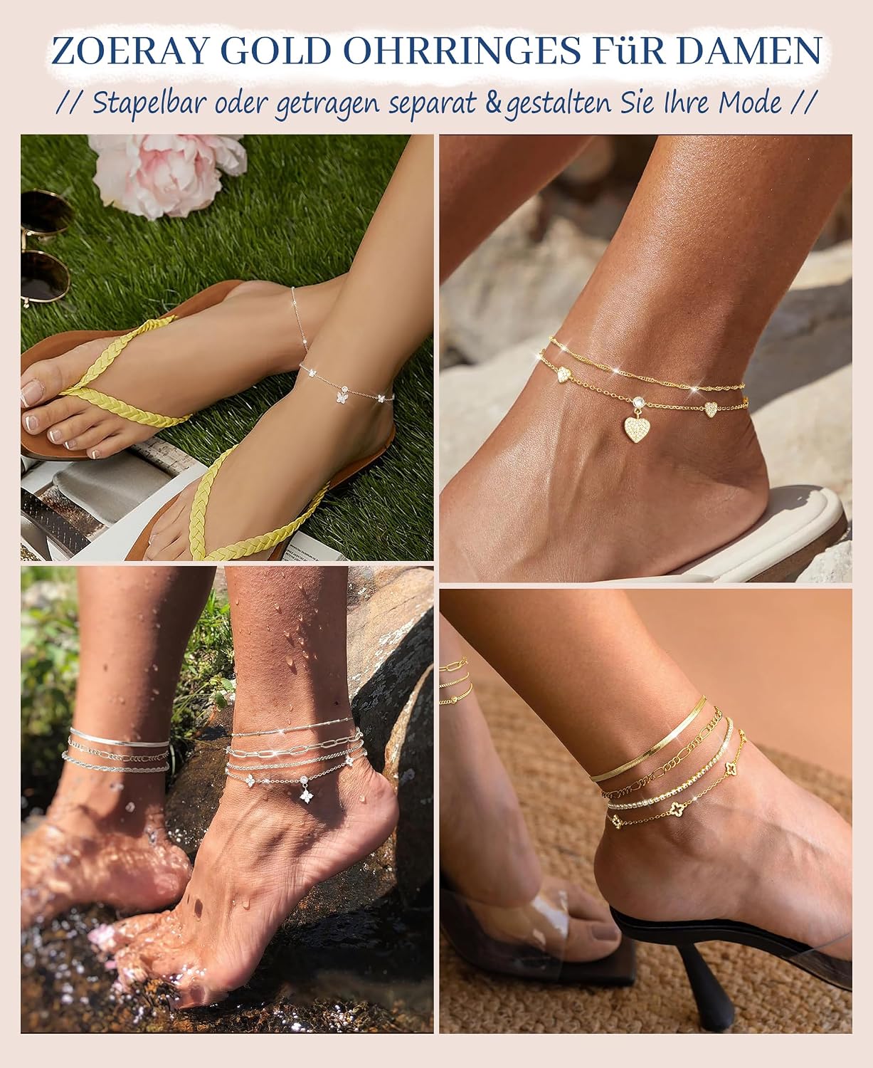 Thumbnail 6 de ZOERAY Fußkettchen Damen Silber 925 Gold-Veredelung – Wasserfest, verstellbar mit Perlen, Herz, Schmetterling und Kleeblatt