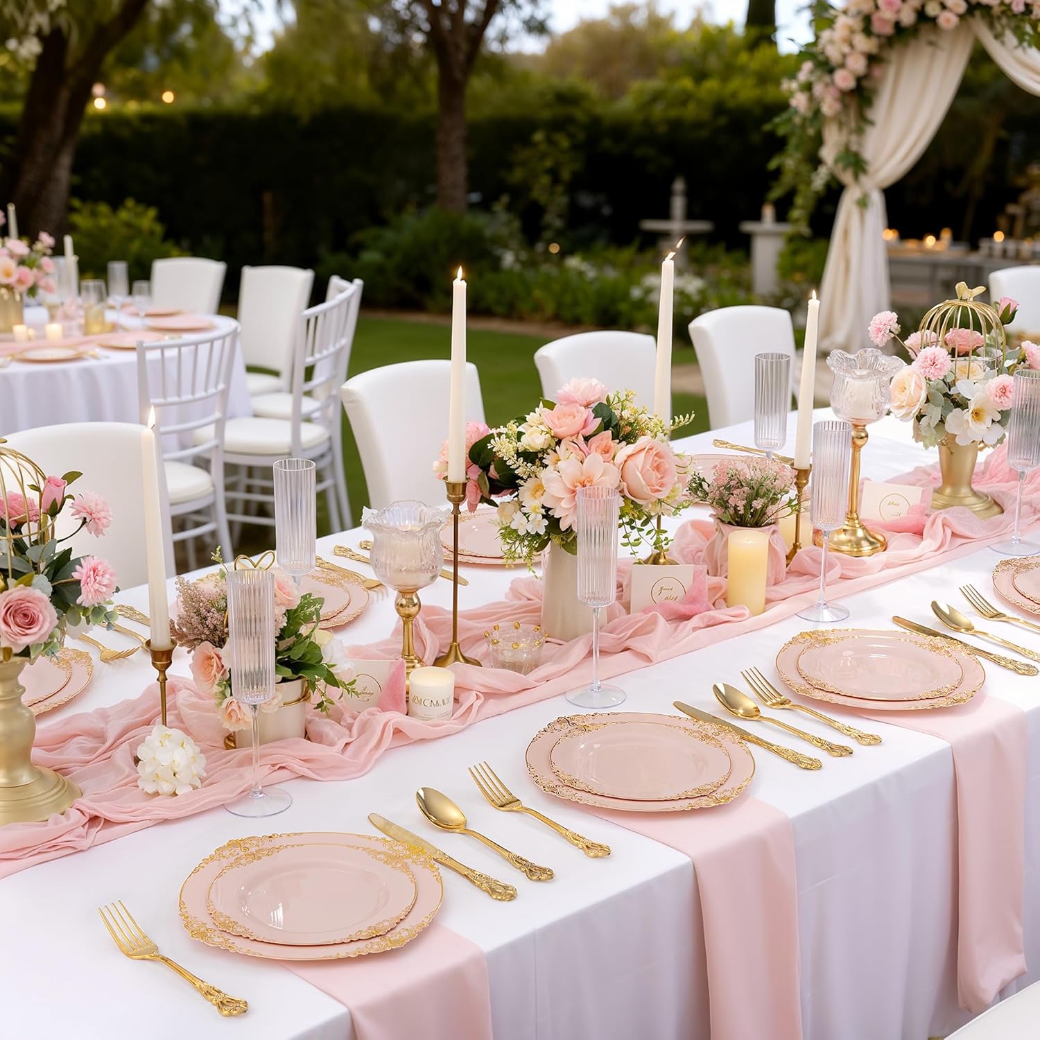 Detalle de Joyido 102PCS Pink & Gold Plastic Plates Set (Dinner + Dessert) for Weddings & Parties