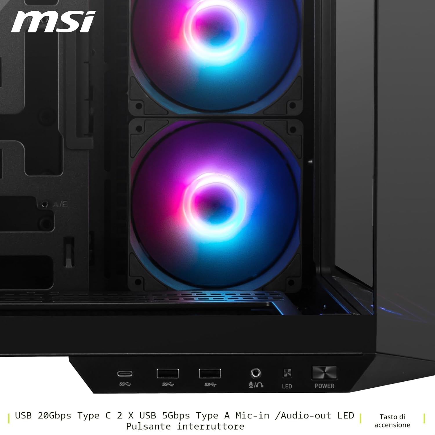 Detalle de MSI MAG PANO 100R PZ: case ATX con montaggio GPU verticale e filtri antipolvere