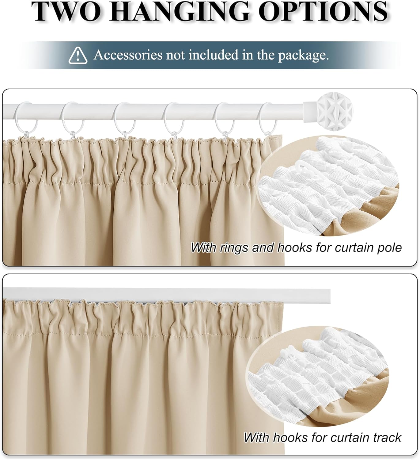Thumbnail 2 de PONY DANCE Thermal Curtains for Bedroom with Hooks – Beige Blackout, 2 Panels (W46 x L54), 54 Inch Drop, Biscotti Beige