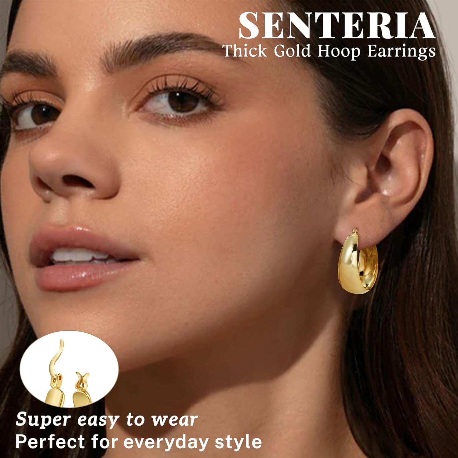 Detalle de Senteria 12mm Wide Thick Hoop Earrings (925 Sterling Silver, 14K Gold Plated) — Hypoallergenic Chunky Hoops