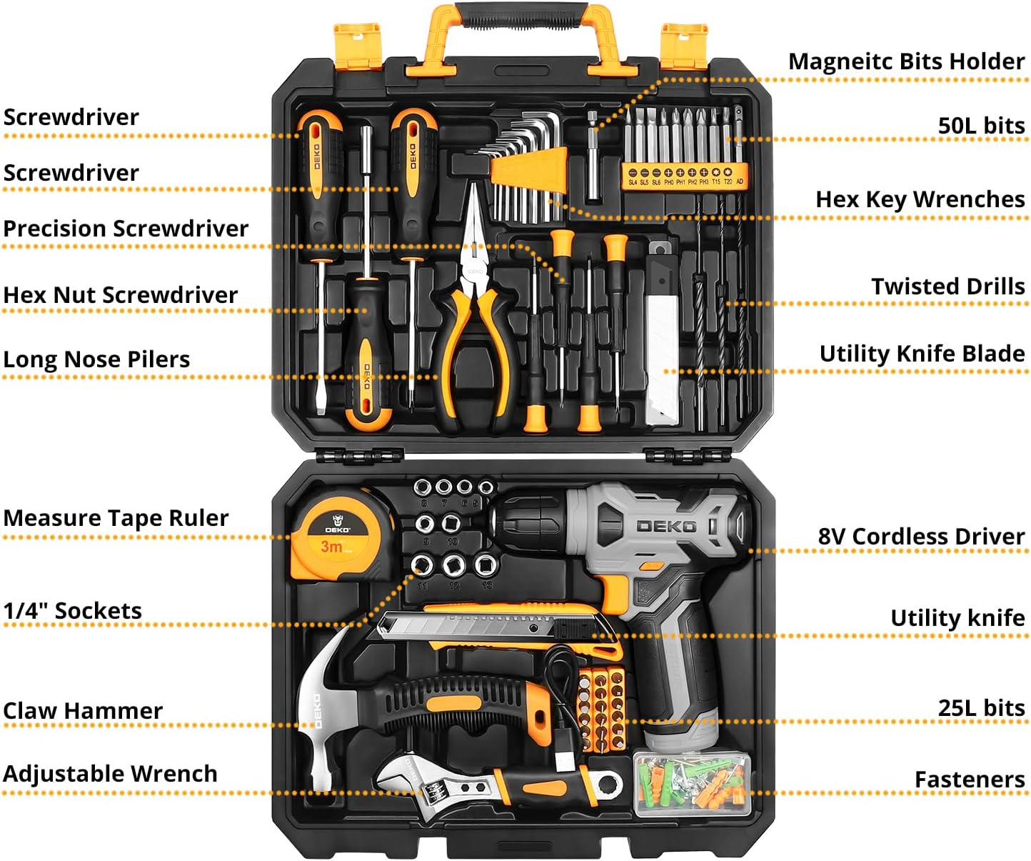 Detalle 2 de DEKOPRO DKCD08XL02 126-Piece Tool Kit with 8V Cordless Drill
