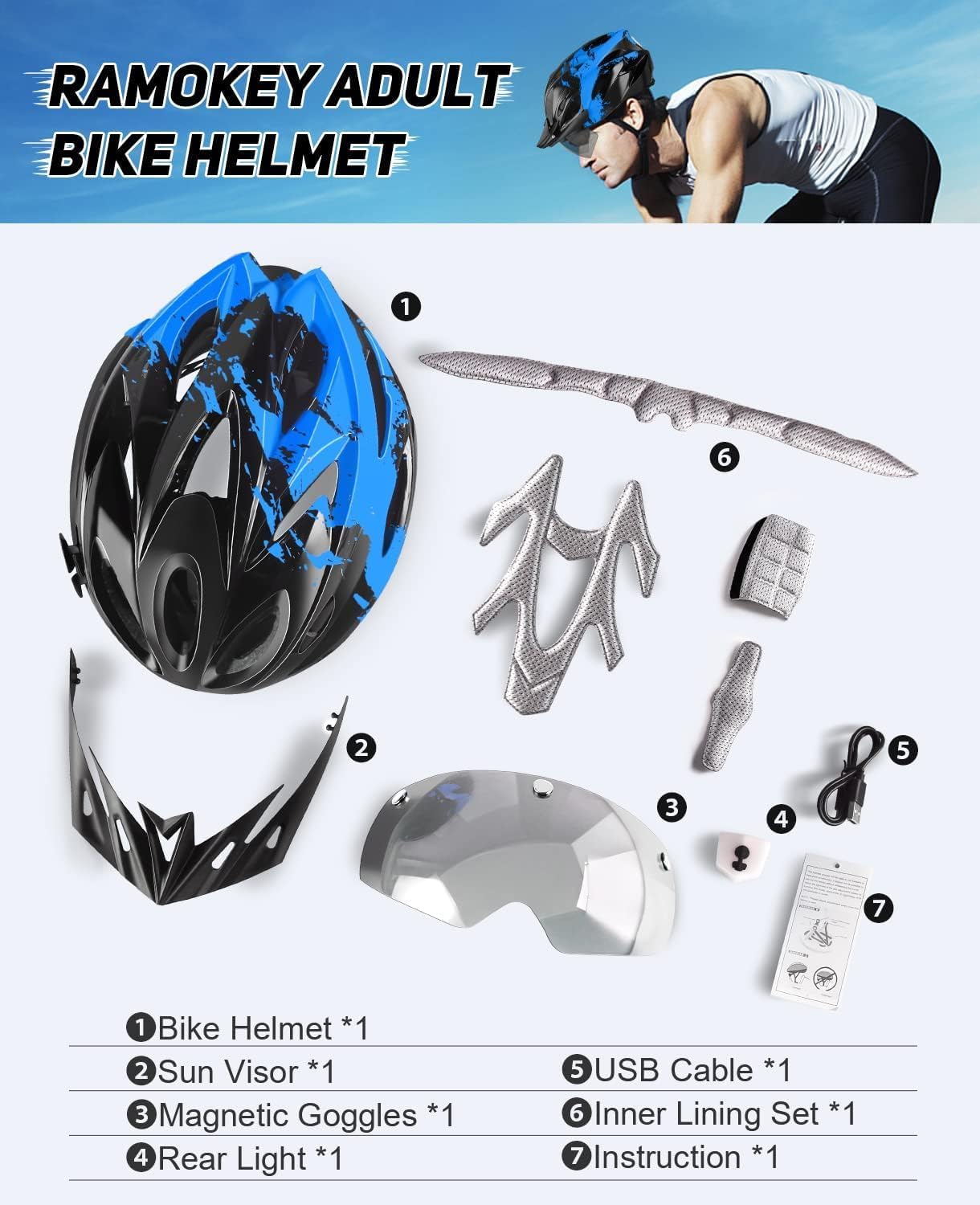 Thumbnail 6 de RaMokey Bike Helmet for Men and Women with LED Light, Magnetic Goggles and Sun Visor