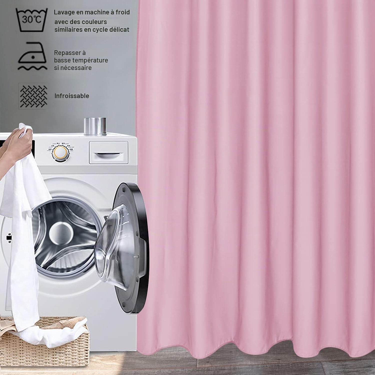 Detalle de EurCross Rideau de douche étroit 120 x 200 cm – Tissu imperméable en polyester, rose, 8 anneaux