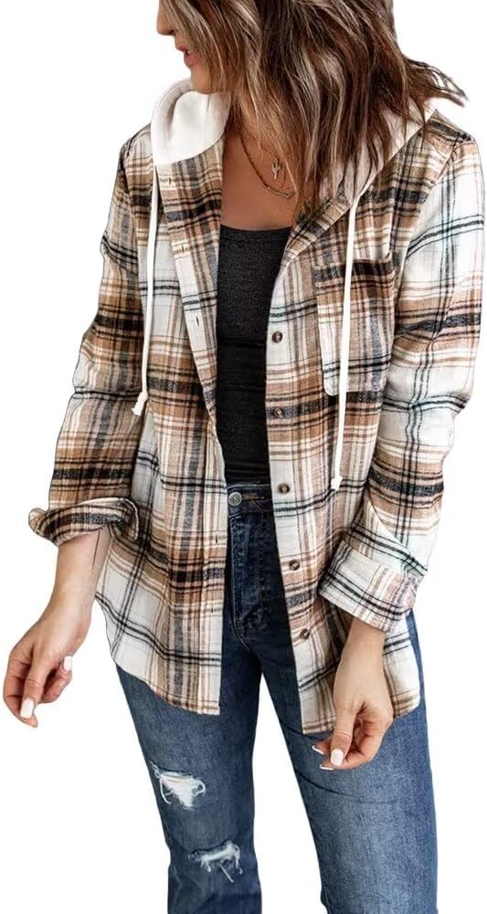 Thumbnail 6 de LACOZY Women's Flannel Checked Shirt Hoodie – Loose Fit, Button-Down Buffalo Plaid Sweatshirt