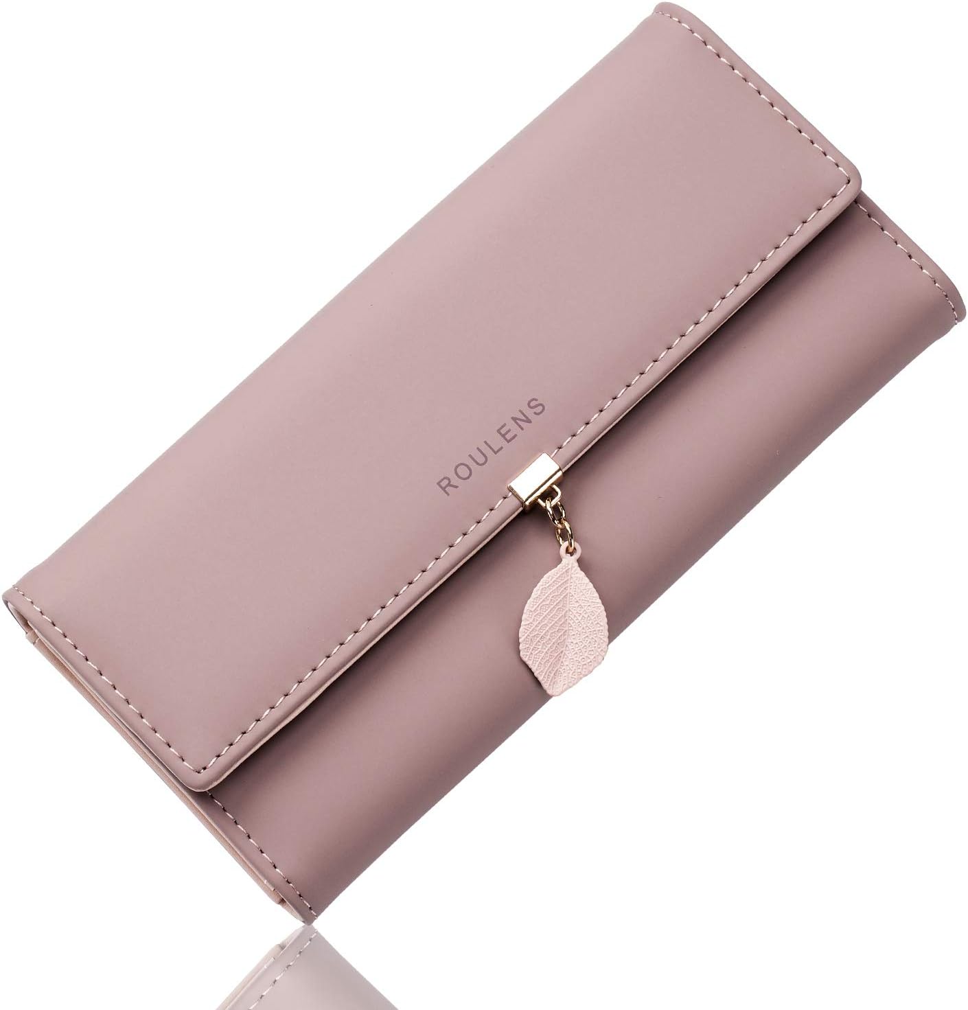 Detalle de Roulens Ladies Purse with RFID Blocking PU Leather Wallet – Leaf Pendant, Zipper Coin Purse, 10 Card Slots & Large Capacity
