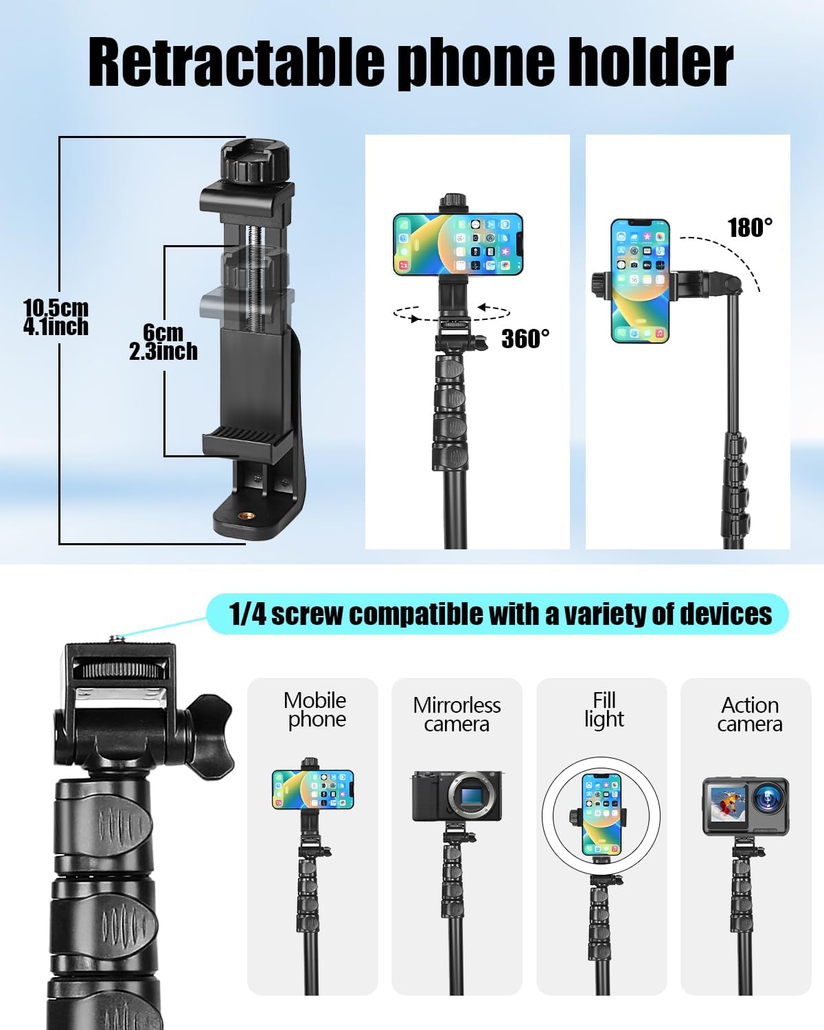 Thumbnail 4 de CAMBOFOTO 66" /168cm phone tripod: compact selfie stick + 360° swivel stand