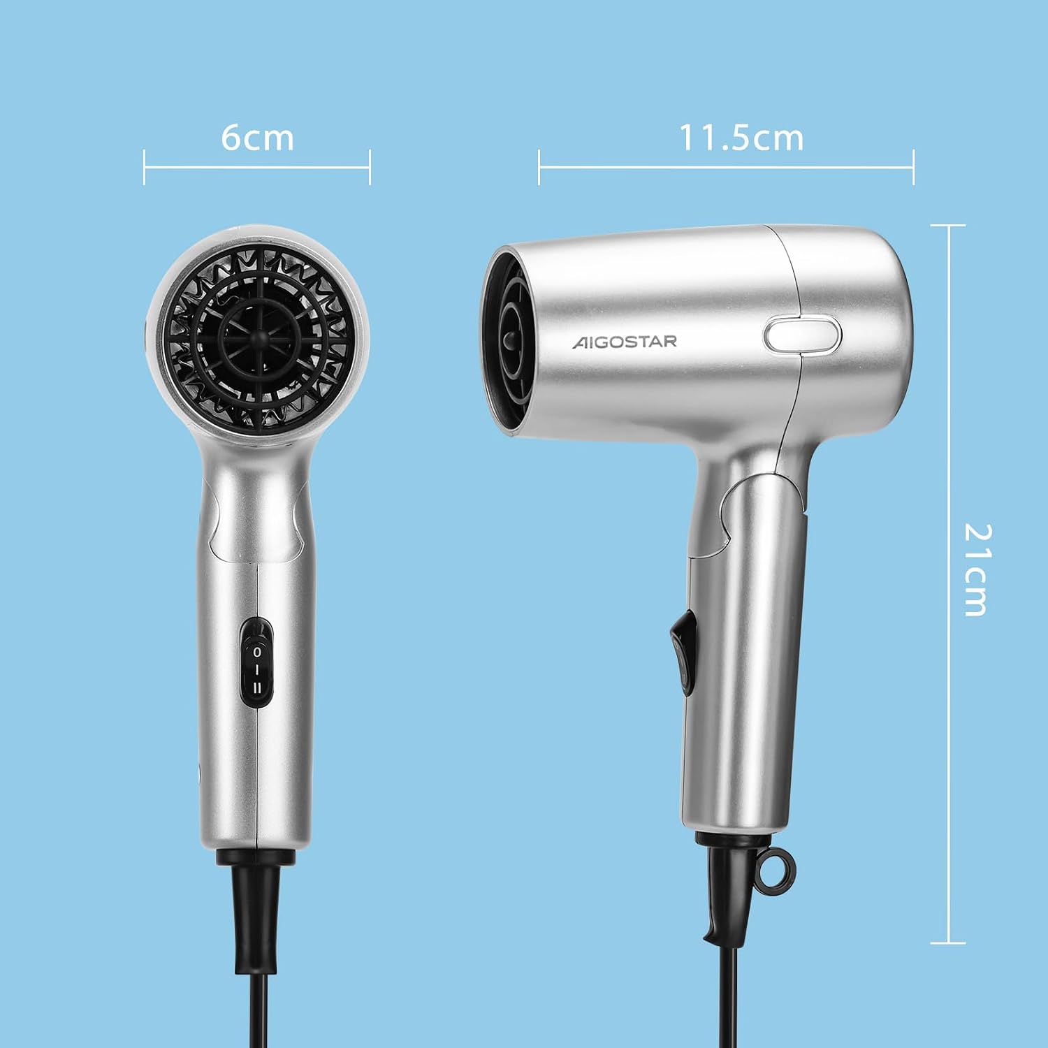 Detalle 2 de Aigostar Asciugacapelli da Viaggio Pieghevole 1200W – Grigio Argento, 310 g