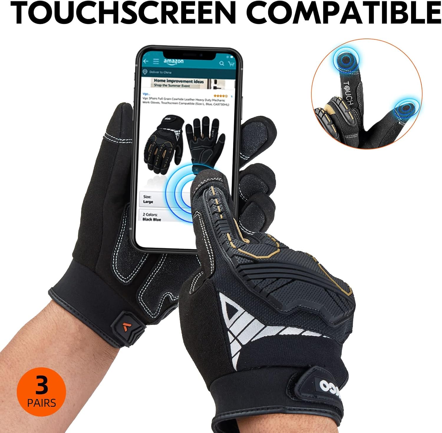 Thumbnail 5 de Vgo Safety Work Gloves Touchscreen, Anti Impact Heavy Duty (3 pairs) ⌚