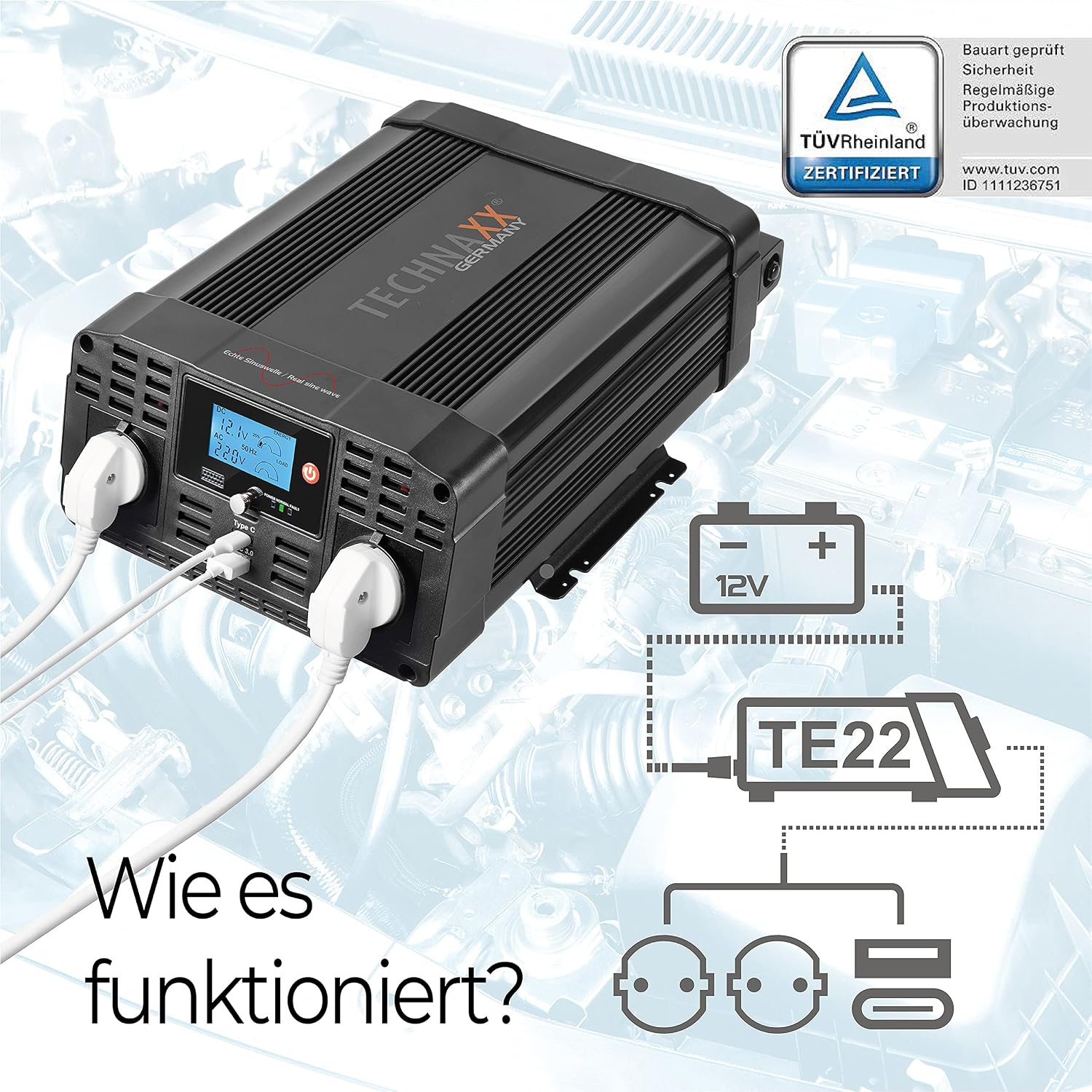 Detalle de Technaxx KFZ-Wechselrichter 12V auf 230V Reiner Sinus 2000W (4000W Spitze) – TÜV Rheinland zertifiziert, LC-Display, 2x Schuko, USB-C & USB-A QC3.0 – für Auto, Camping