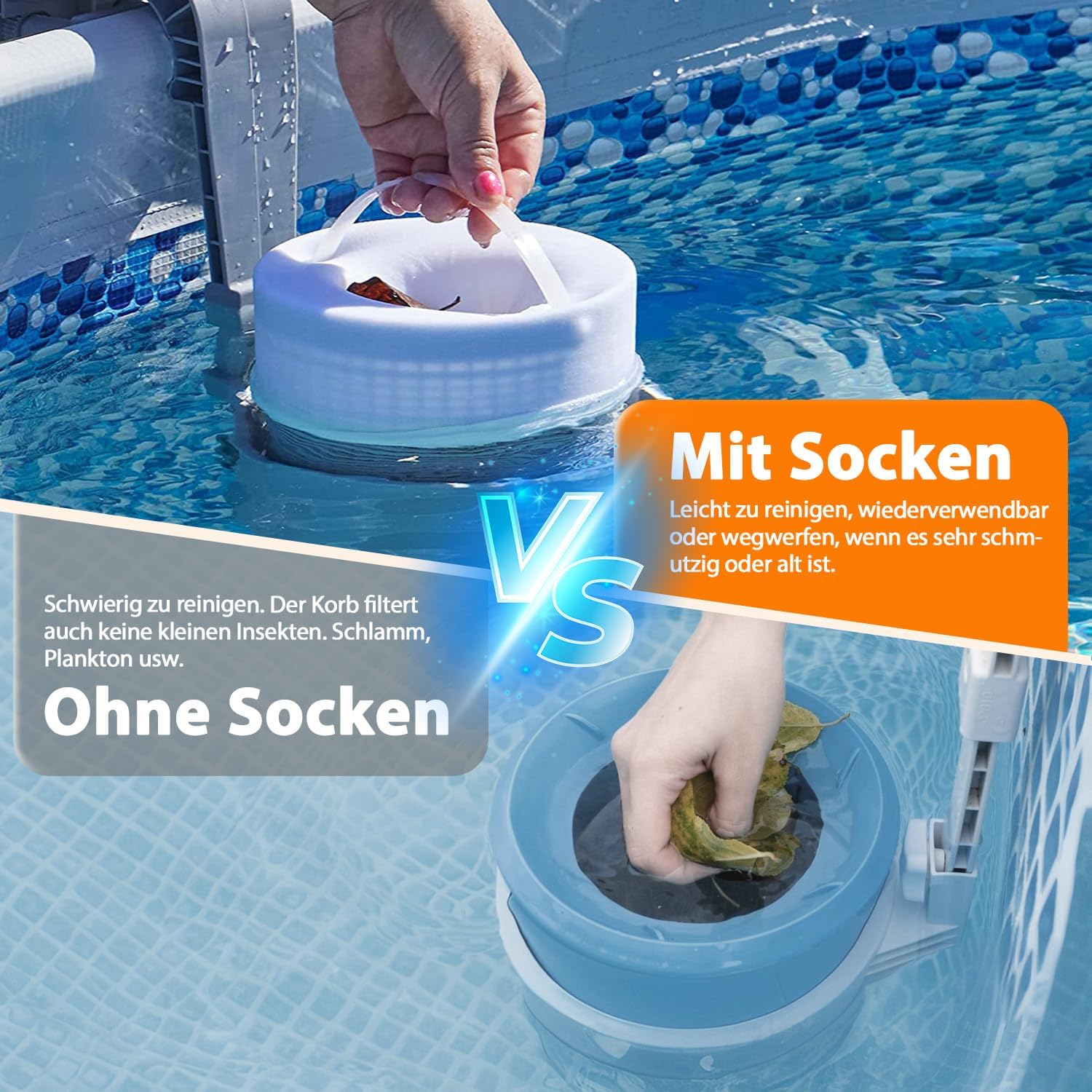 Detalle de KGC Pool Skimmer Socken – 50 Stück, wiederverwendbare Filter-Socken für Skimmerkörbe
