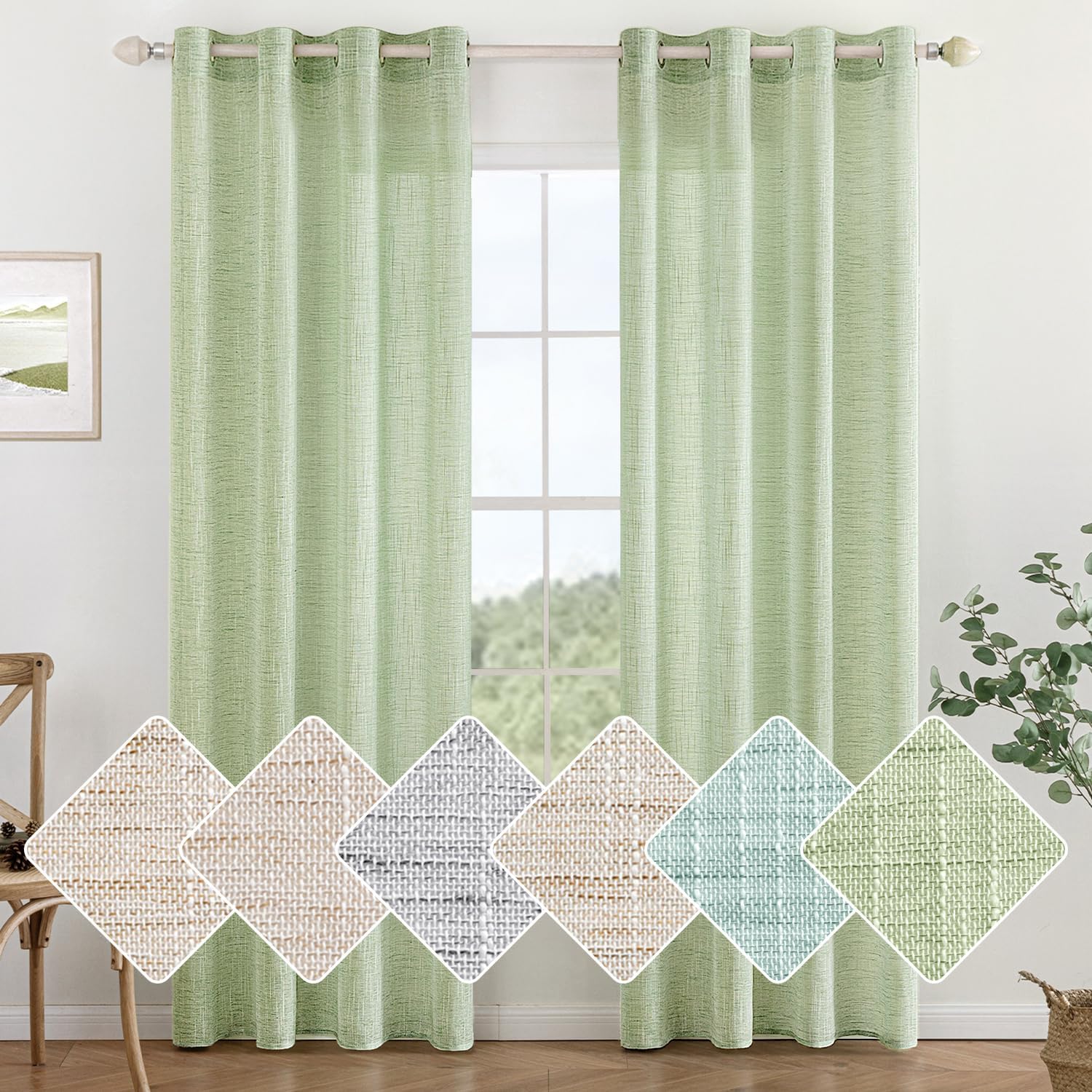 Detalle de MIULEE Leinenoptik Vorhang mit Ösen – 2er-Set 140x145 cm, Grün