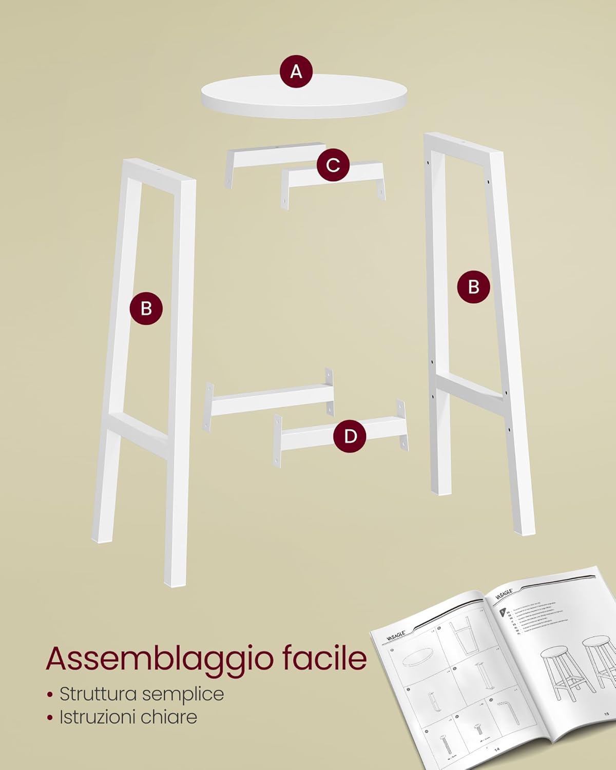 Detalle 2 de VASAGLE Set di 2 Sgabelli da Bar LBC032WB01: bianco con poggiapiedi, montaggio semplice