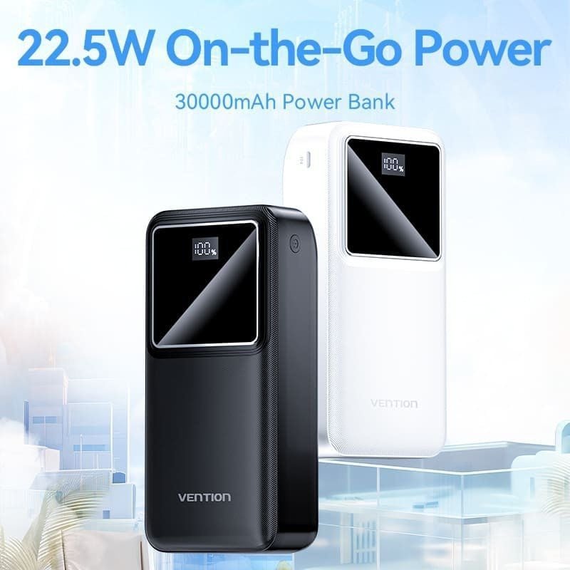 Detalle de Vention FHMW0 Power Bank 30000mAh 22.5W con Display LED – Blanco