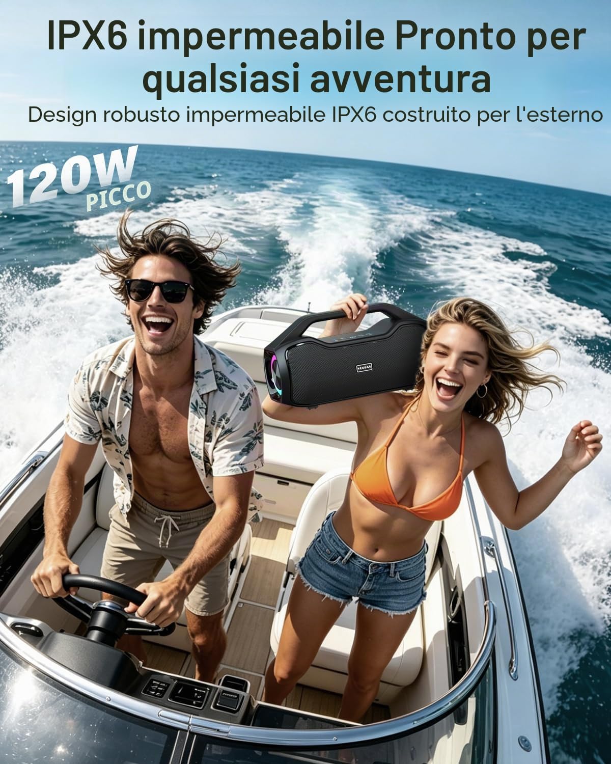 Detalle de Cassa Bluetooth Potente Portatile 120W Peak con 2 Woofer e 2 Tweeter, IP65 e DSP - perfetta per feste, spiagge e campeggio