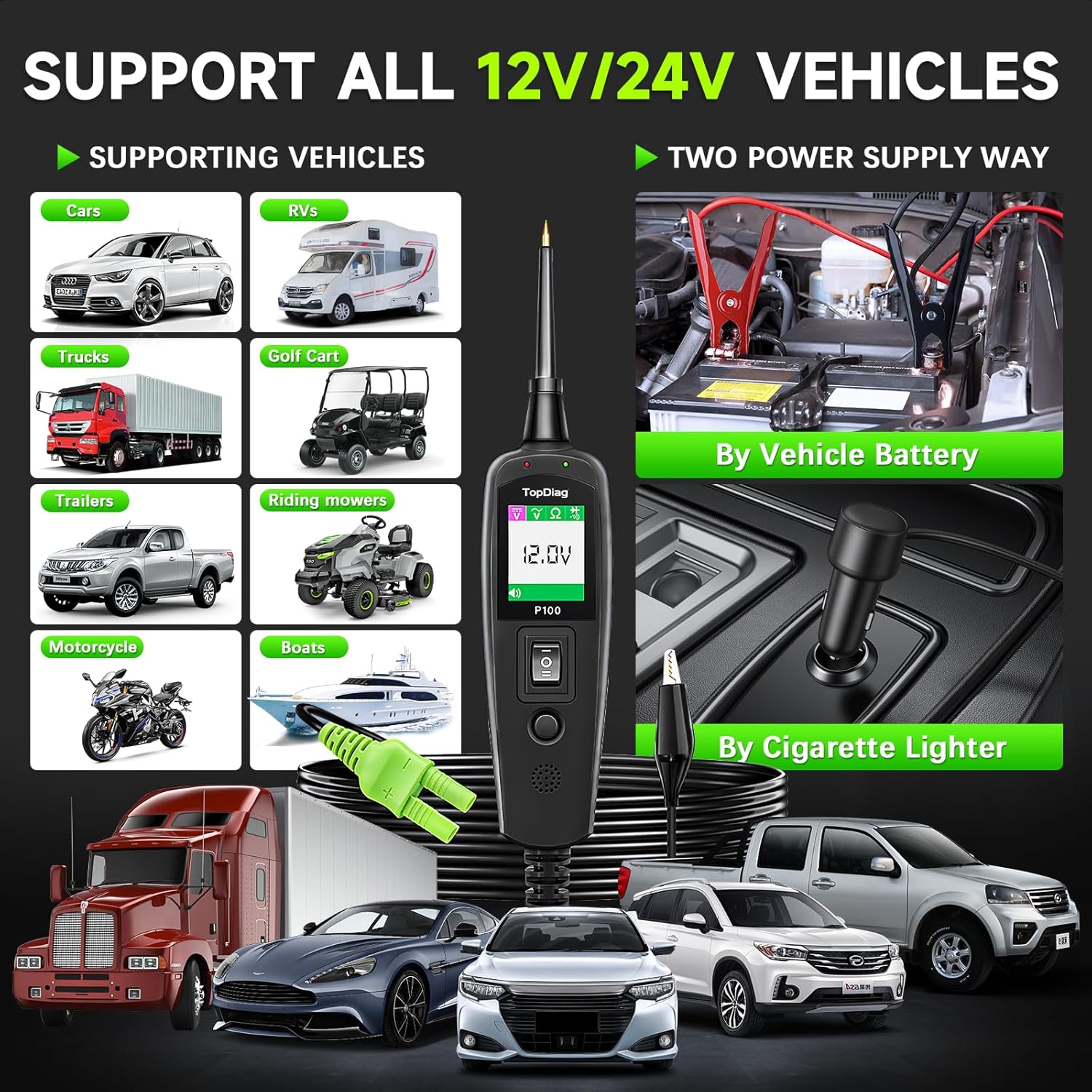 Thumbnail 2 de Topdiag P100 Circuit Tester Automotive with 40FT Cable, Power Circuit Probe Tester (12V/24V)