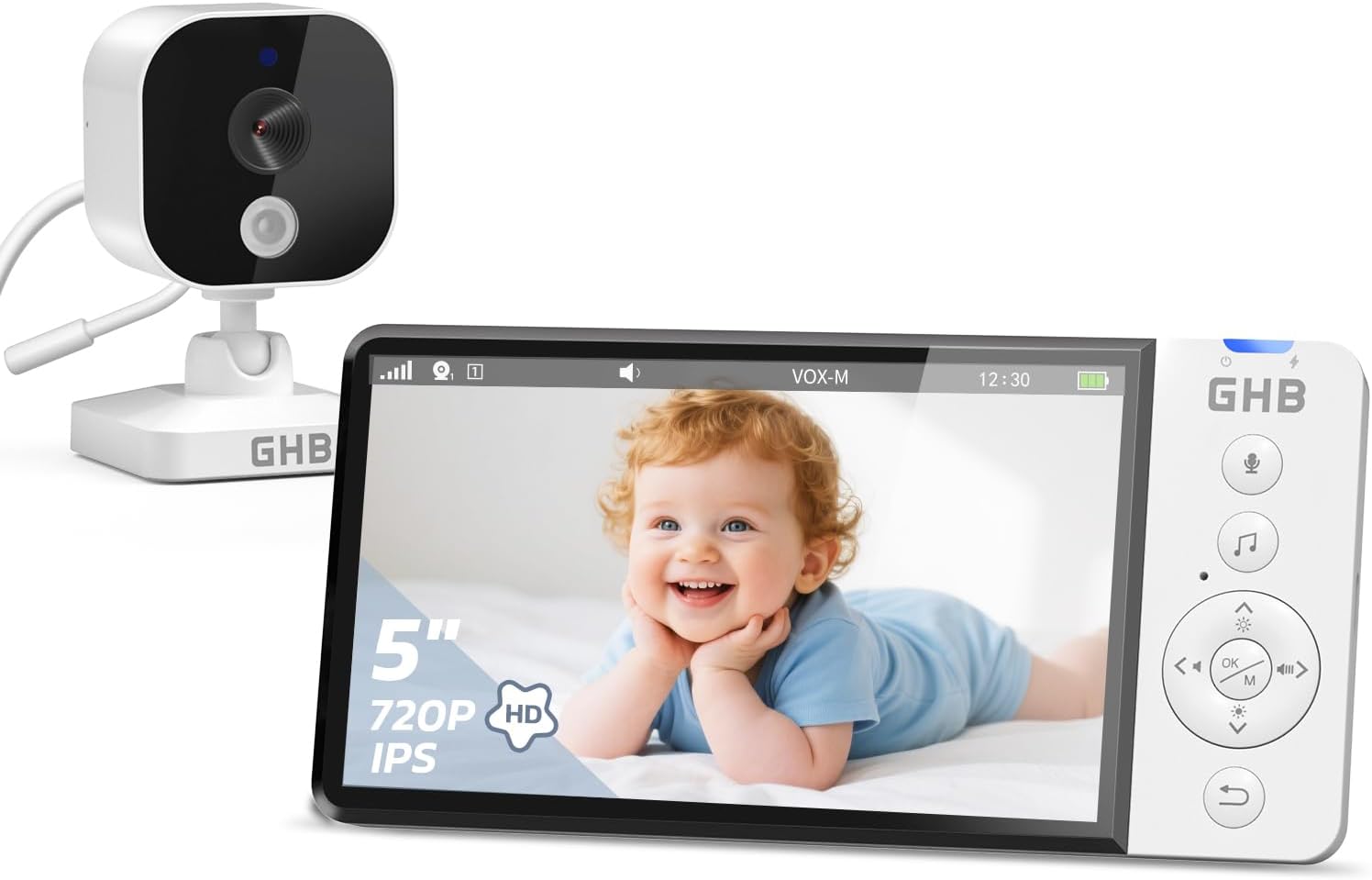 Detalle de GHB Babyphone mit Kamera 5 Zoll HD – VOX-Modus, Nachtsicht, 5000 mAh, 2-Kamera-Erweiterung