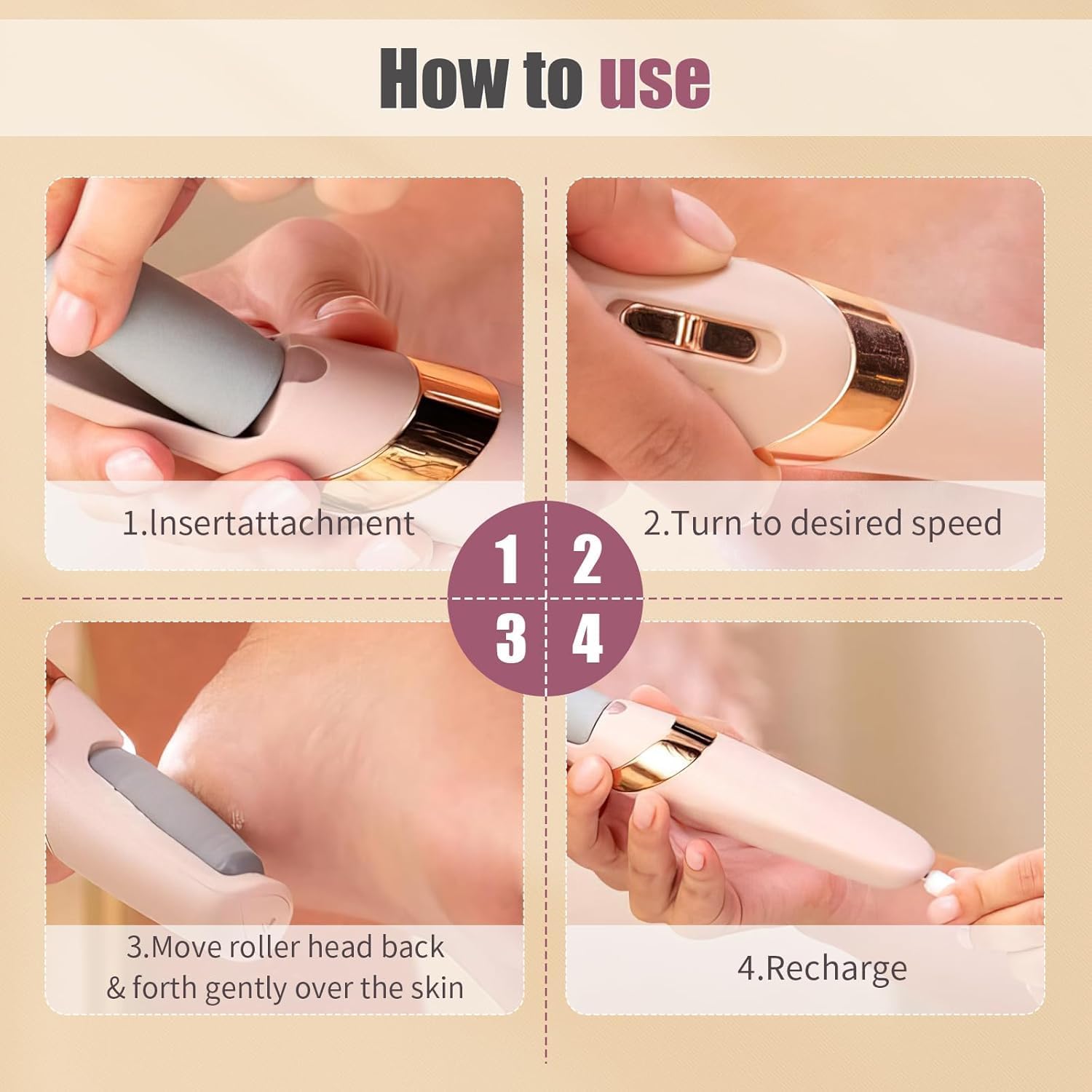 Detalle de Electric Foot File Hard Skin Remover with LED Light, 2 Speeds and Rechargeable Waterproof Heads