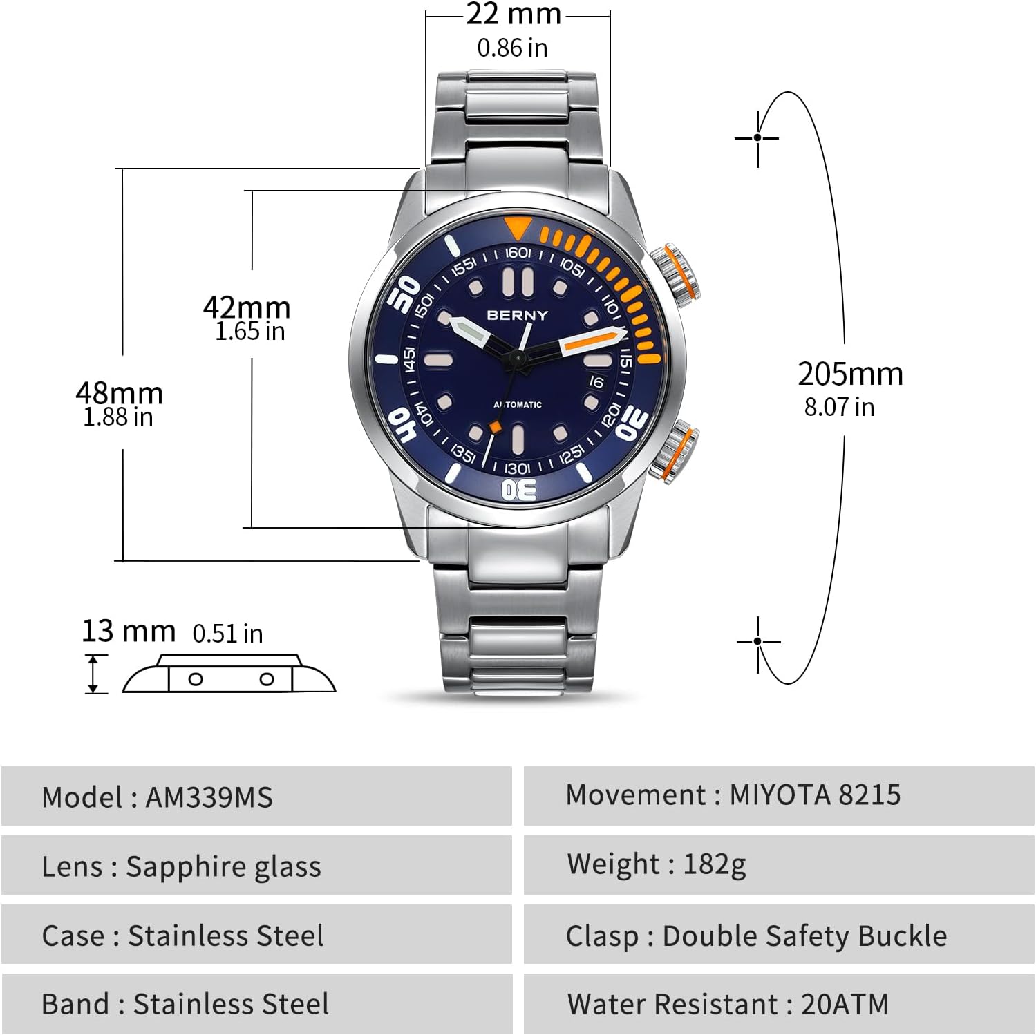 Detalle de BERNY Automatikuhr für Männer – 200 m Taucheruhr mit Saphirglas, Edelstahlband und Super-Lume