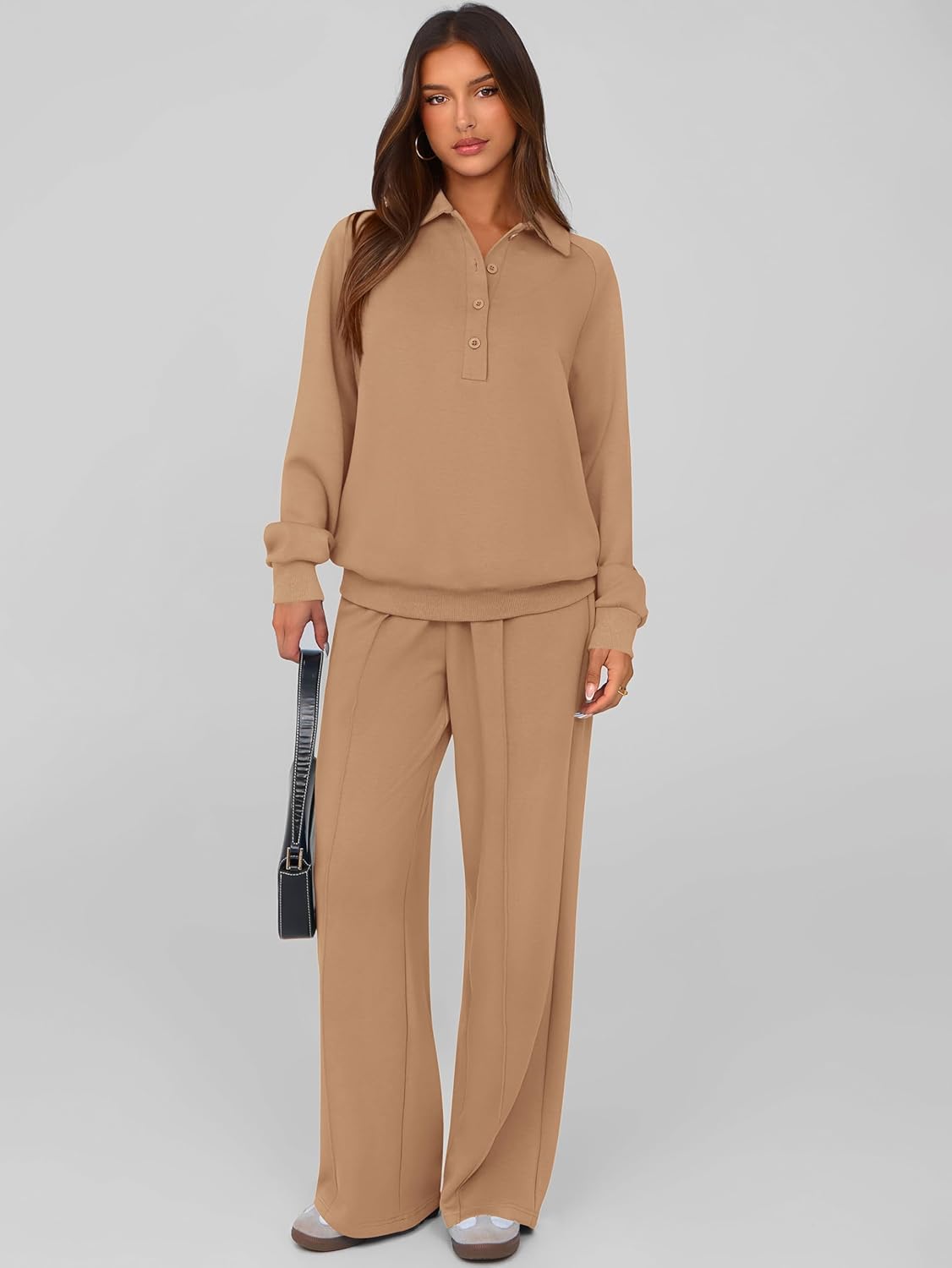 Detalle de PRETTYGARDEN Women Fall 2 Piece Outfits Sweatsuit (Quarter Button Long Sleeve Sweatshirt & Wide Leg Pants)