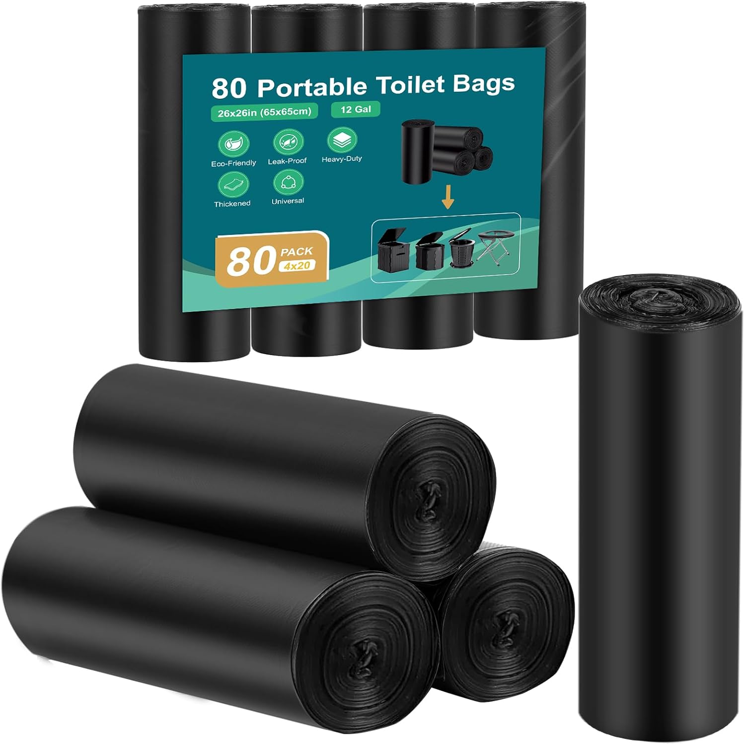Detalle de WADEO OD0633 toalettpåsar för camping, 80 st, svarta, 0,03 mm
