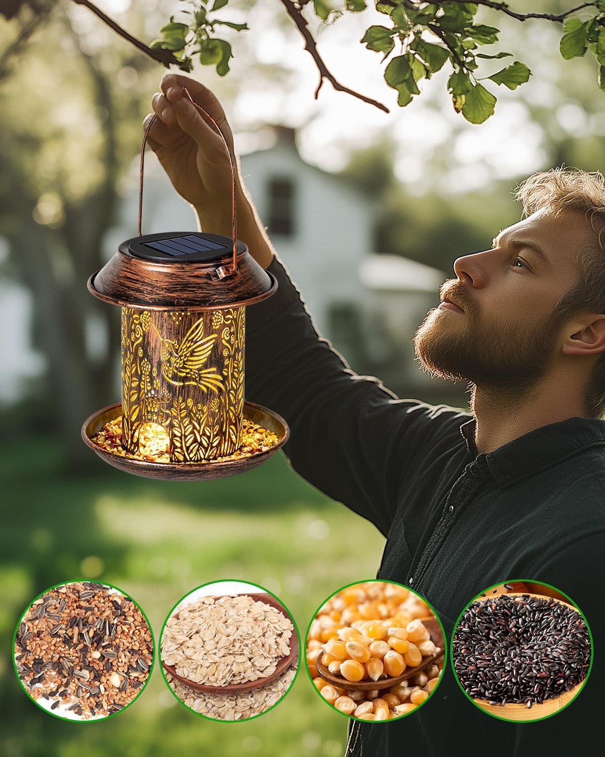Thumbnail 5 de LEKIA Solar Lantern Bird Feeder for Outside – Hummingbird Themed Warm Light Garden Decor