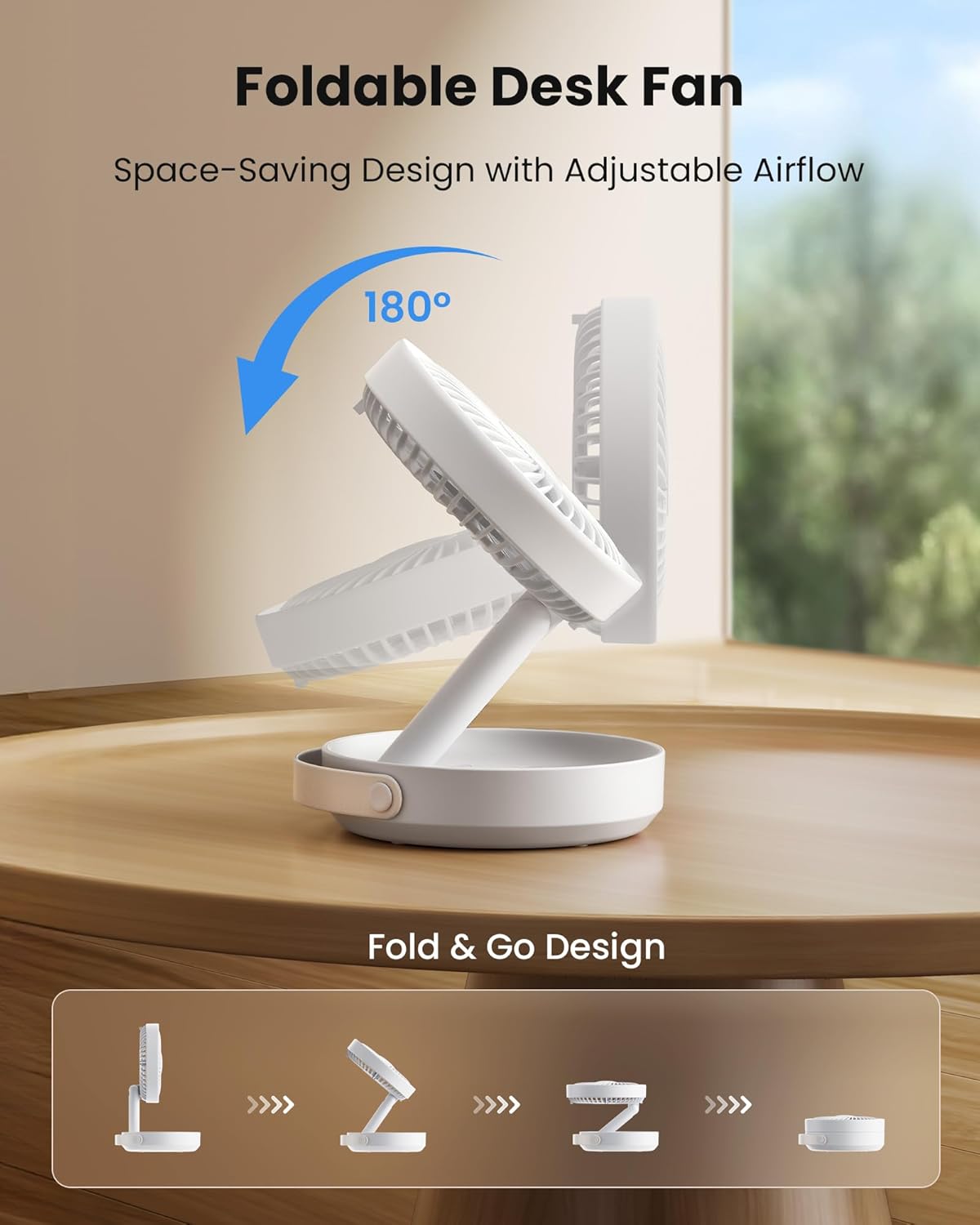 Detalle 2 de Gaiatop Foldable Small Desk Fan (6000mAh) with LED Night Light – portable desktop fan for bedroom, office and travel