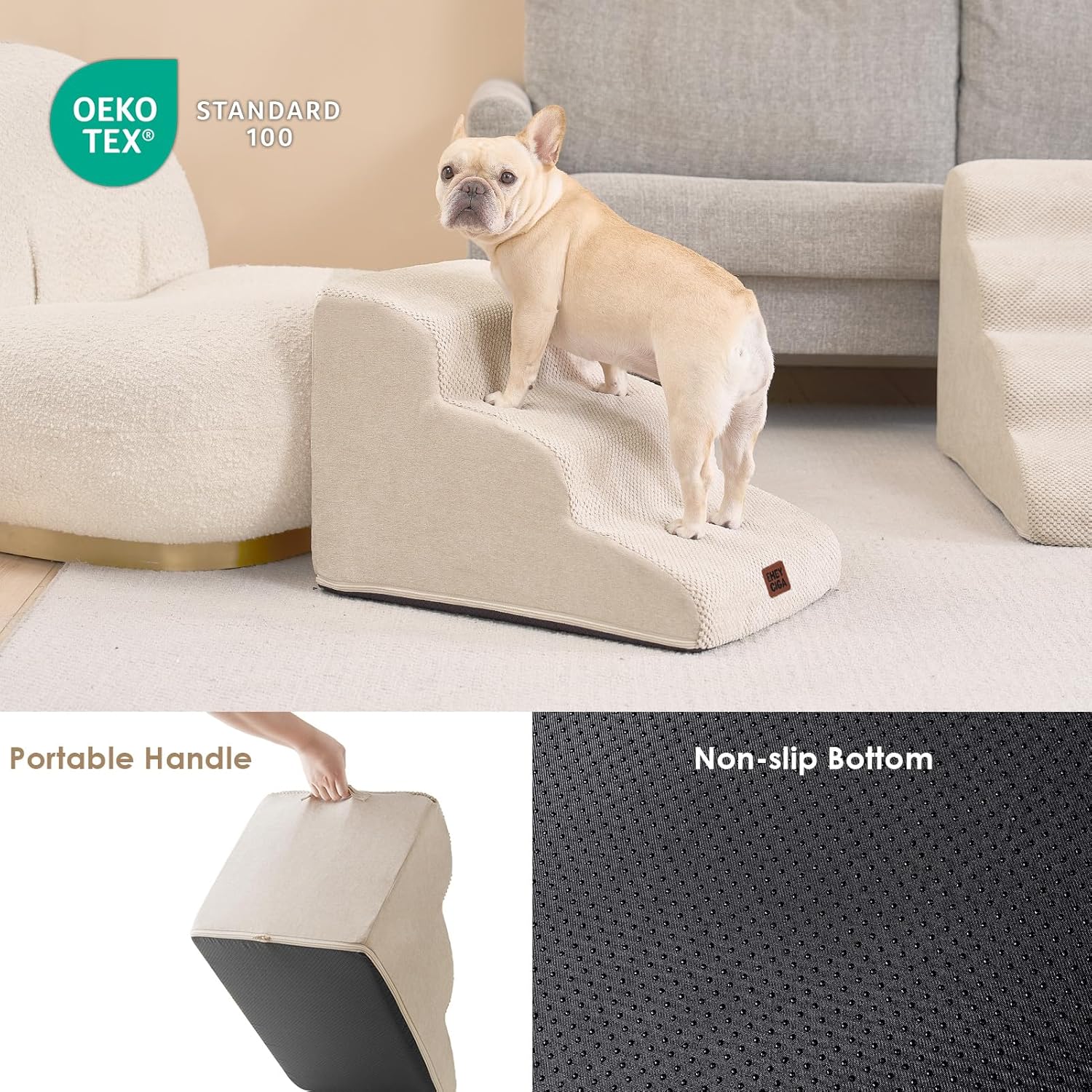 Detalle de EHEYCIGA Curved 3-Step Dog Stairs for Bed and Sofa with Washable Cover