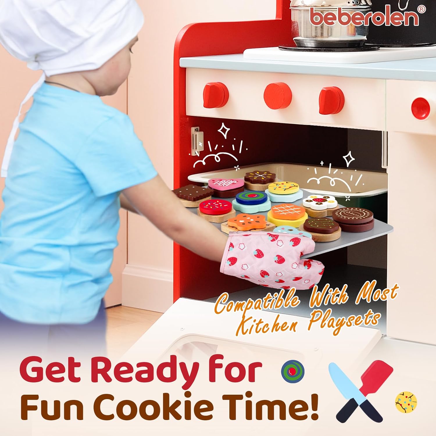 Thumbnail 6 de Beberolen Wooden Cookie Play Food Set – 12 Sliceable Cookies, 12 Toppings, Knife, Spatula & More for Toddlers