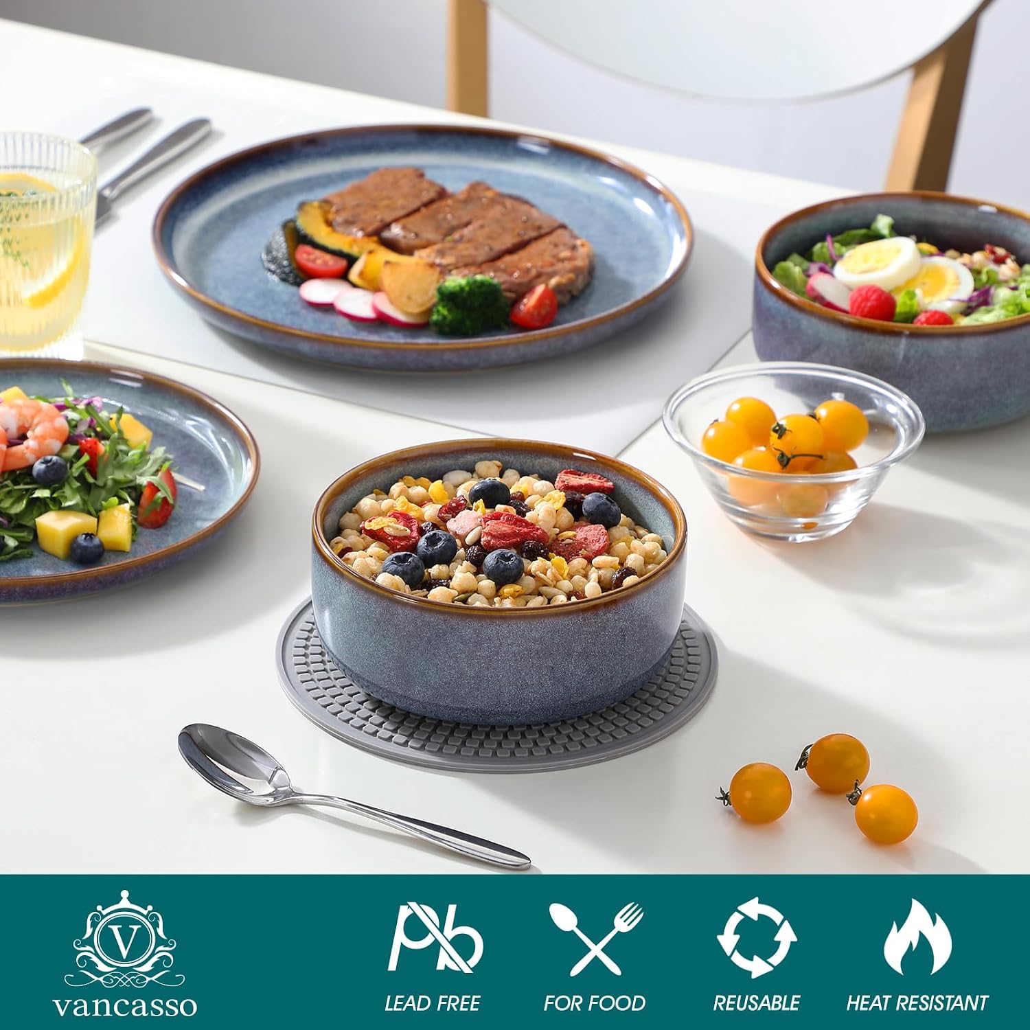 Detalle de Vancasso PLAYA 18-Piece Dinnerware Set in Grey-Blue
