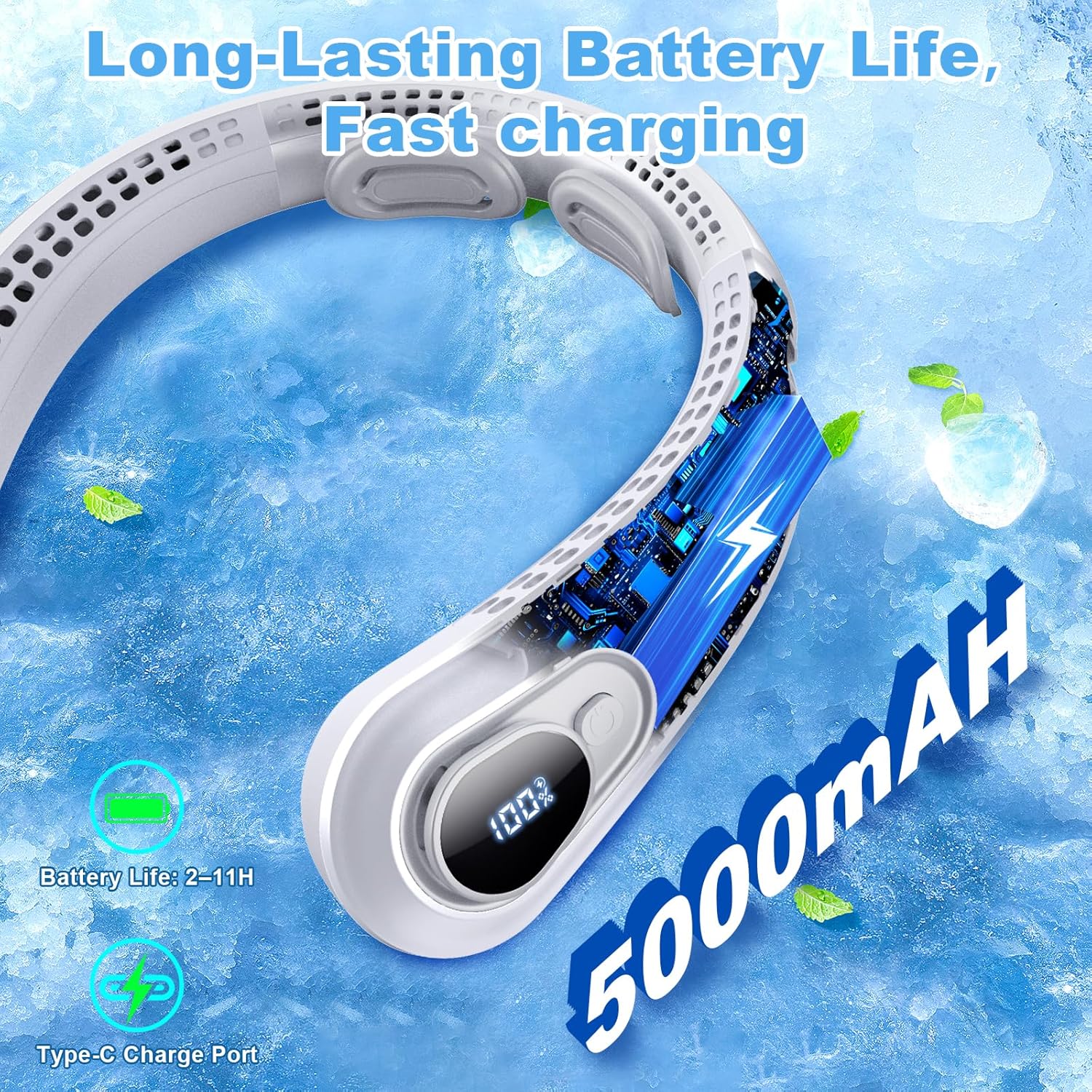 Thumbnail 4 de FYALLASO Portable Neck Fan Rechargeable with LED Display, 5 Speeds, 5000 mAh Bladeless Personal Cooler (Gray)