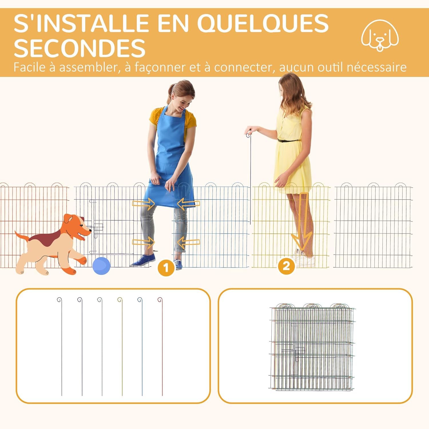 Detalle de PawHut Enclos Chien Pliant en métal – Parc pour animaux 6 panneaux, Ø120 x 60 cm, Multicolore