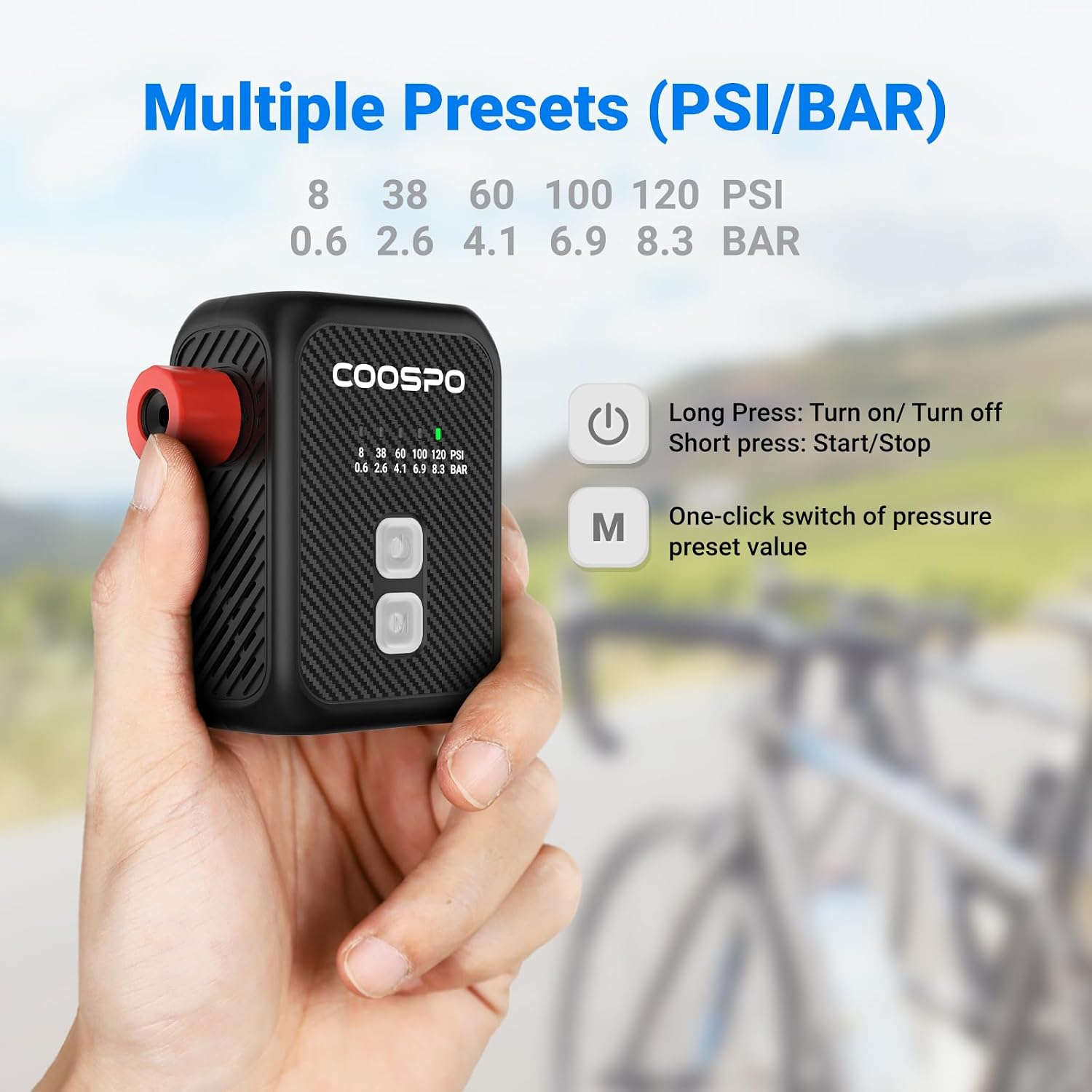 Detalle de CooSpo Mini elektrische fietspomp, 120 psi, presets en automatische uitschakeling