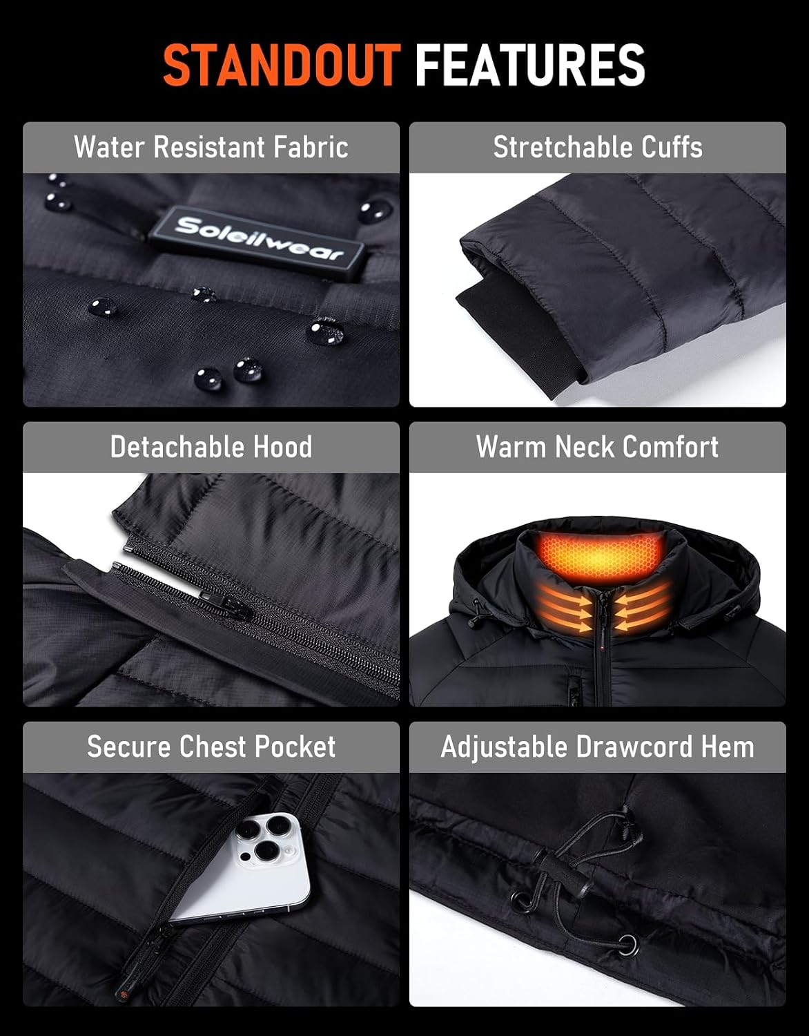 Detalle de Soleilwear Graphene Heated Jacket for Men, 16000mAh Battery, 6 Heat Zones