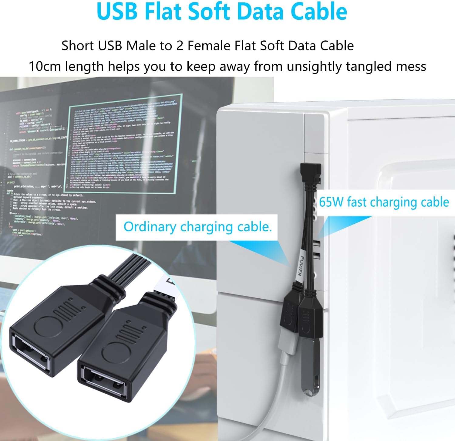 Detalle de LANMINGLEL Short 90° PD 65W USB 2.0 splitter cable 10 cm 🔌