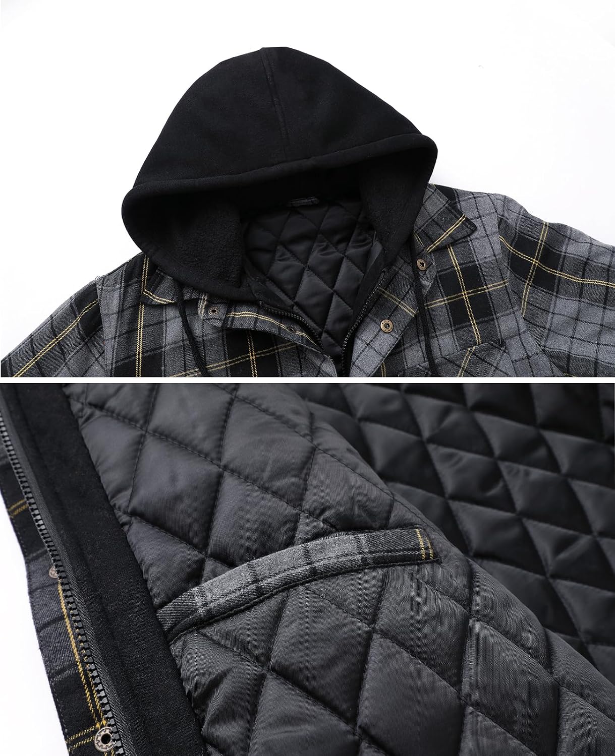 Detalle 2 de ZENTHACE Z190628 Men's Quilted Hooded Plaid Jacket with Zip, Snaps & Six Pockets