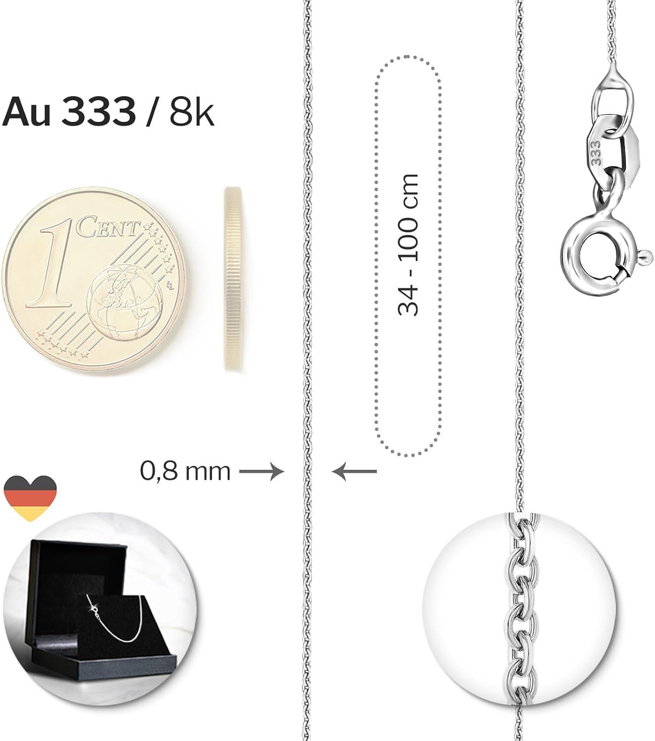 Detalle de EDELIND Chaîne d'Ancre Fine 0,8 mm en Or Blanc - 42 cm, 333/585/750
