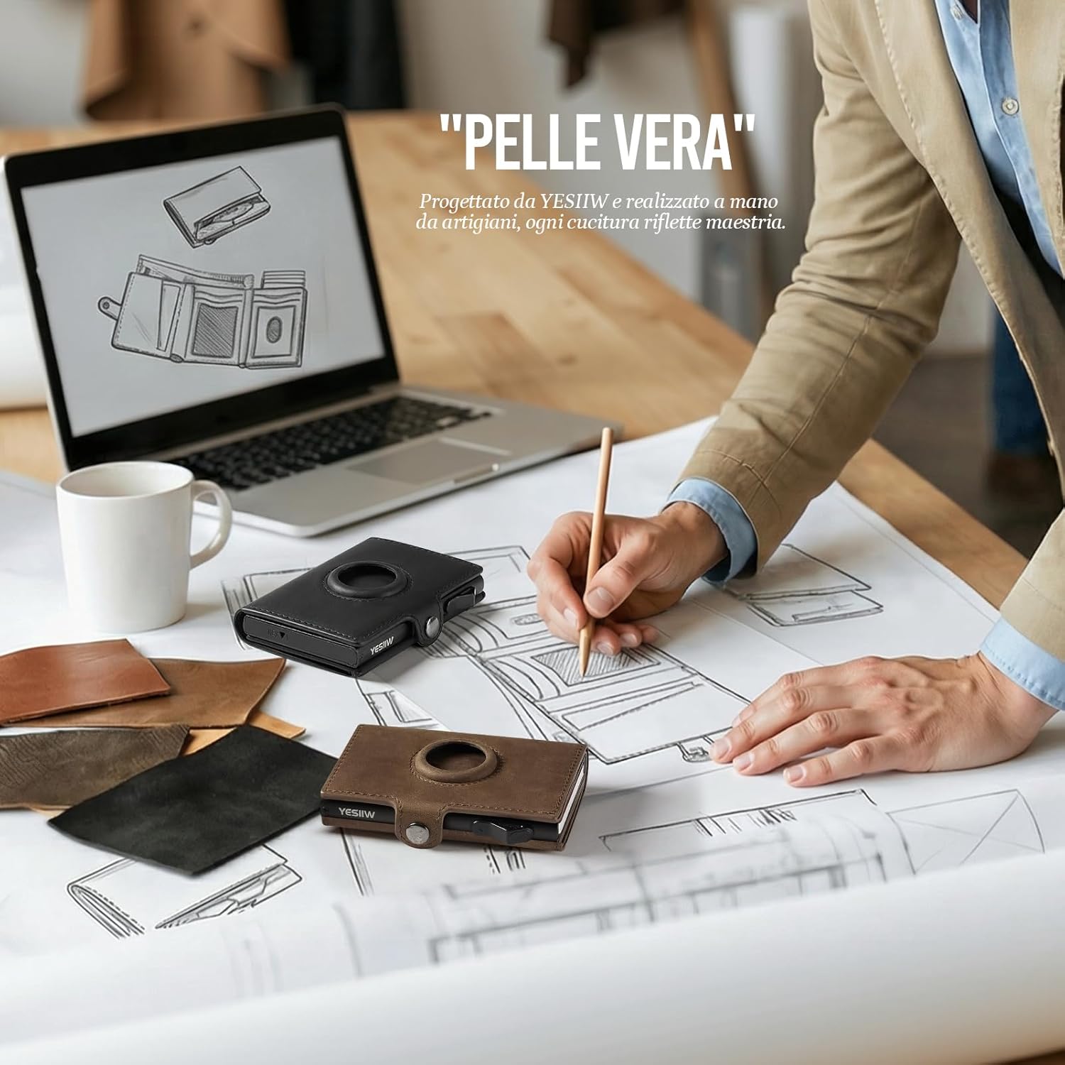 Detalle de YESIIW Porte Carte Airtag en cuir véritable – Pop-up, RFID et emplacement AirTag