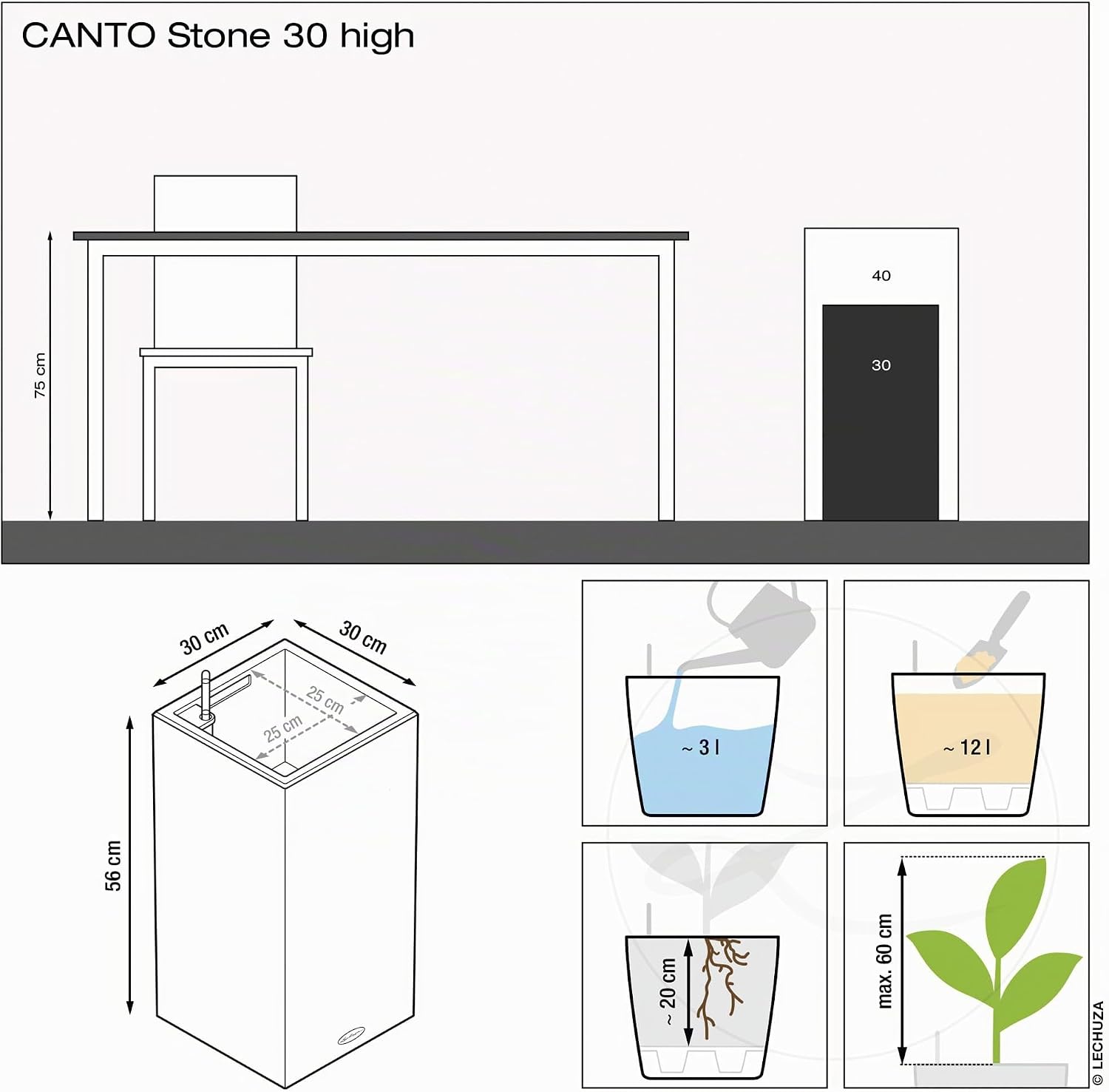 Thumbnail 3 de LECHUZA CANTO Stone 30 ad grafite nera 13602: vaso con irrigazione integrata e LED