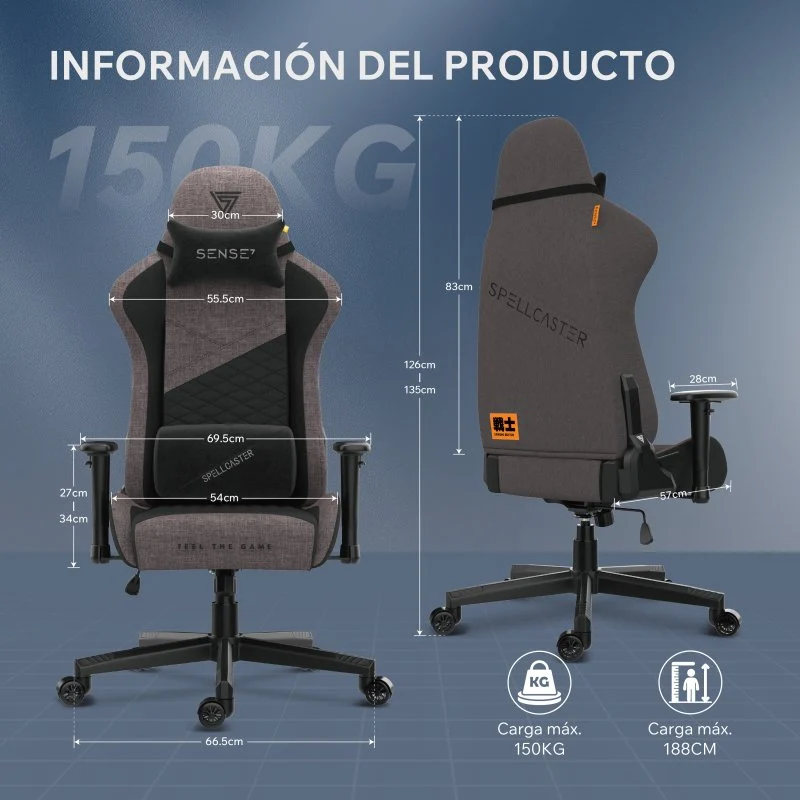 Detalle de SENSE7 Spellcaster Senshi Edition: Silla Gaming ergonómica de tela con soporte lumbar en gris