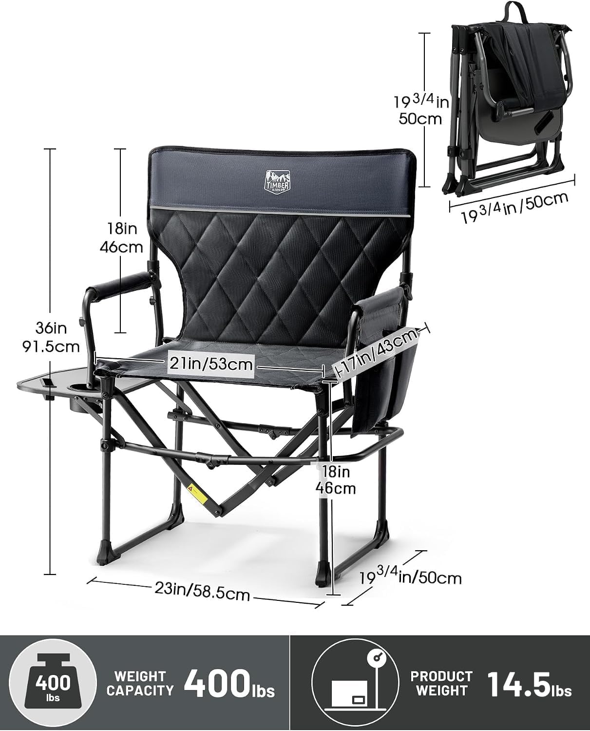Detalle de TIMBER RIDGE Heavy Duty Camping Chair (2 Pack) – Compact, Portable Director Chair with Side Table and Pocket, Supports Up to 400 lbs